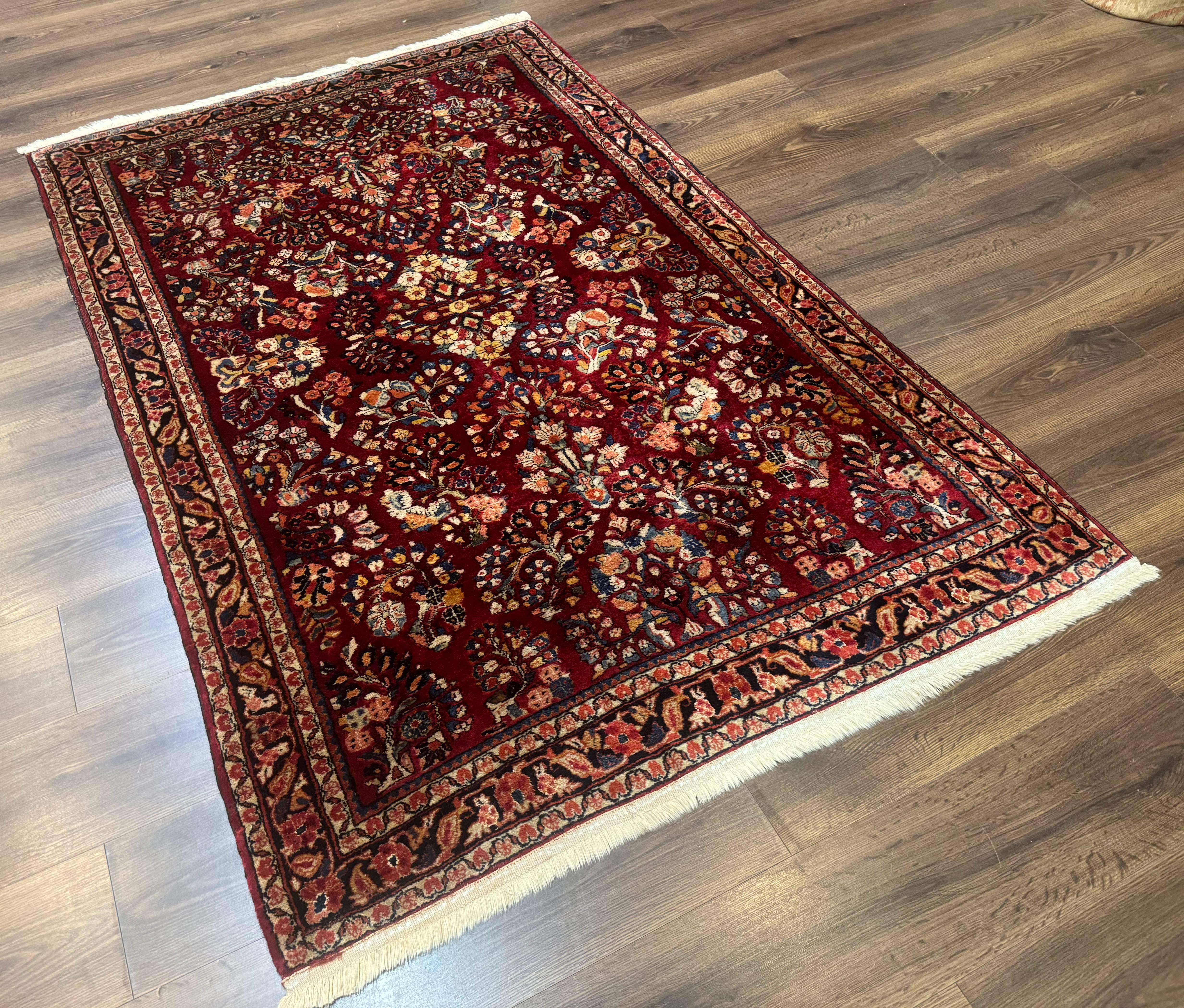 Antique Persian Sarouk Rug 4x6, Floral, Red, Wool Hand Knotted Fine 225 KPSI - Jewel Rugs