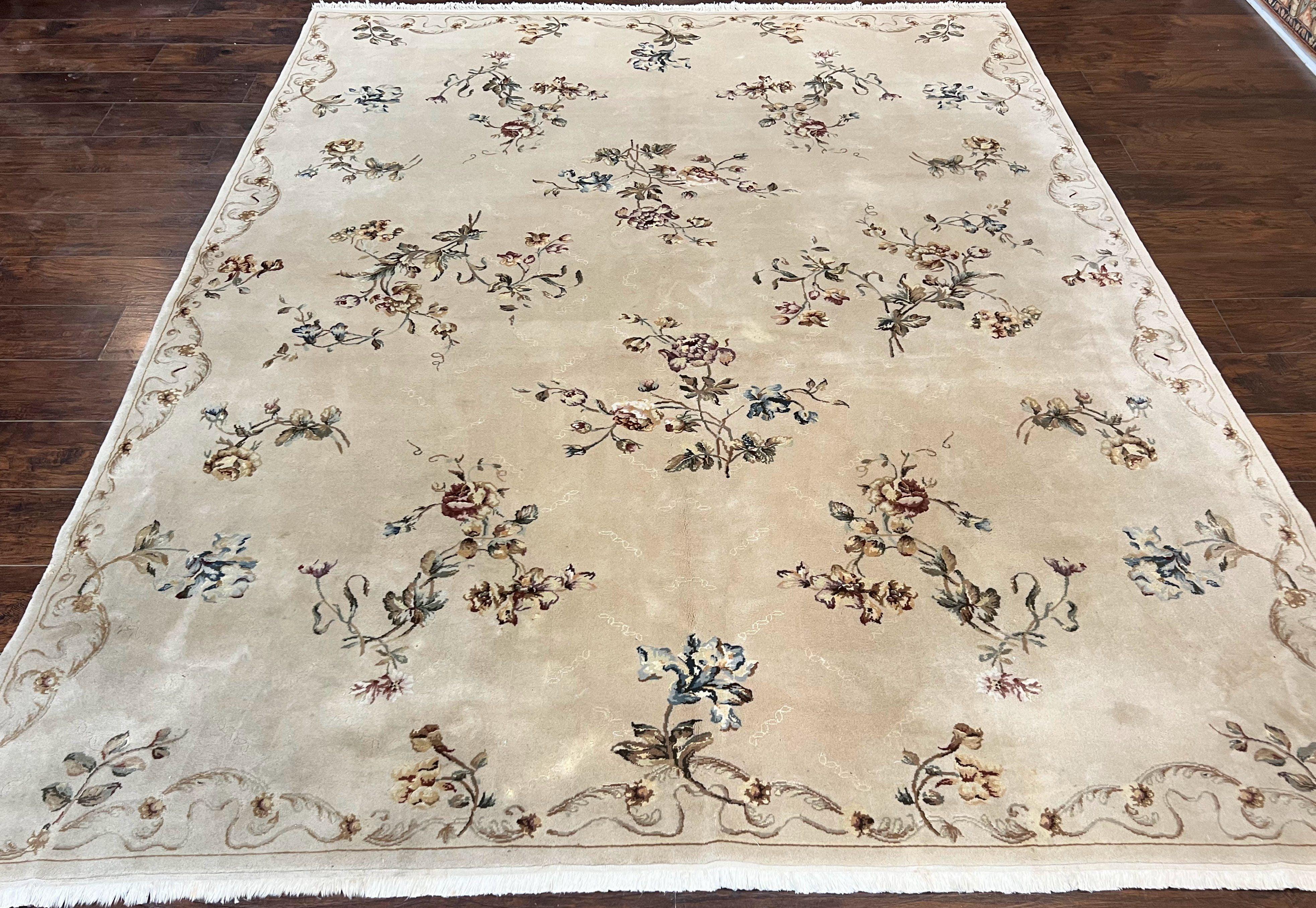 Chinese 120 Line Rug 8x10, Chinese Aubusson Wool & Silk Highlights Handmade Vintage Carpet, Beige Fine Weave Rug, Floral European Design - Jewel Rugs