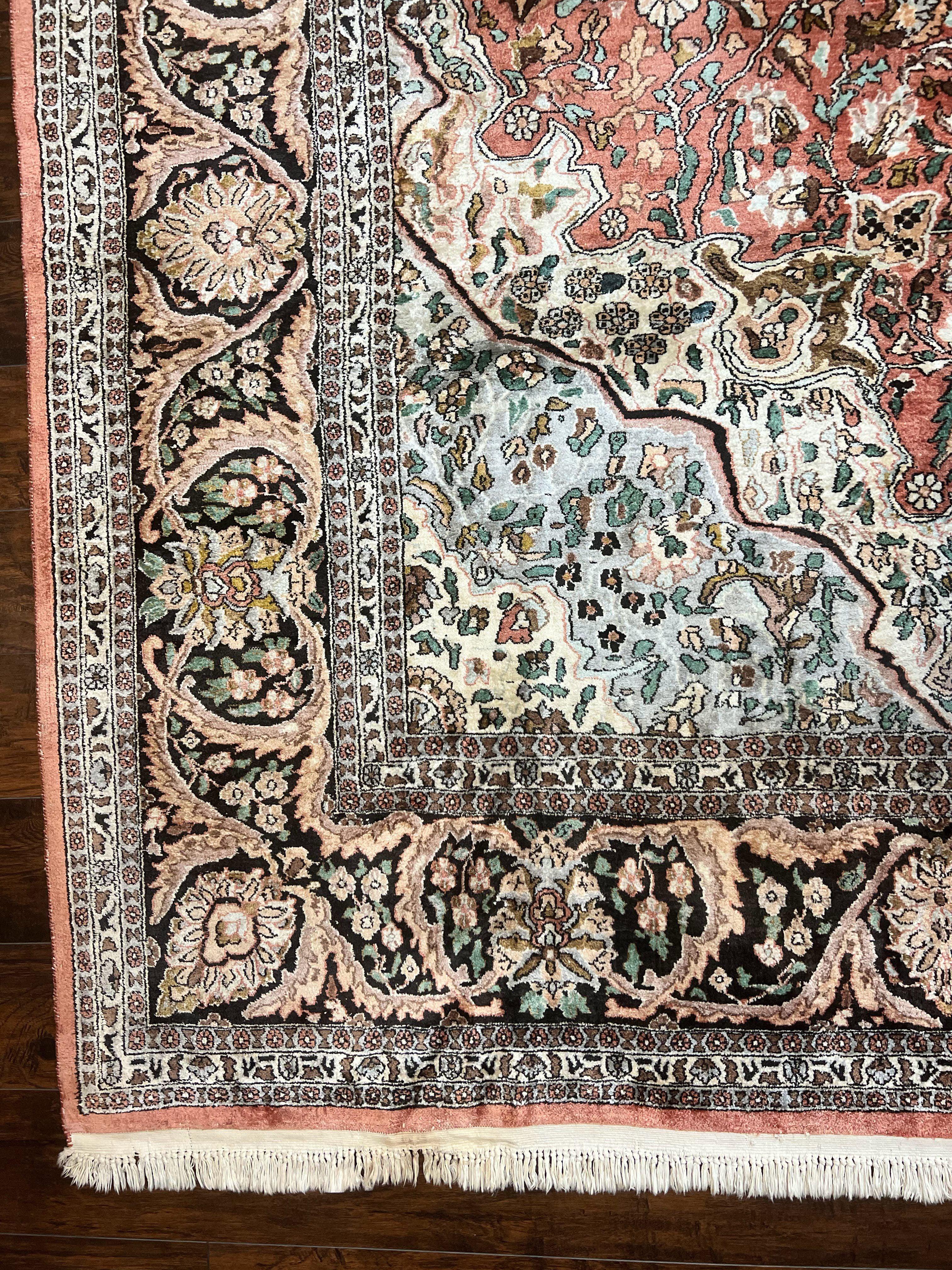 Silk Indian Kashmir Rug 10x14, Room Sized Silk Oriental Carpet, Indo Persian Kashmiri Rug, Traditional Floral Medallion Handmade Rug - Jewel Rugs