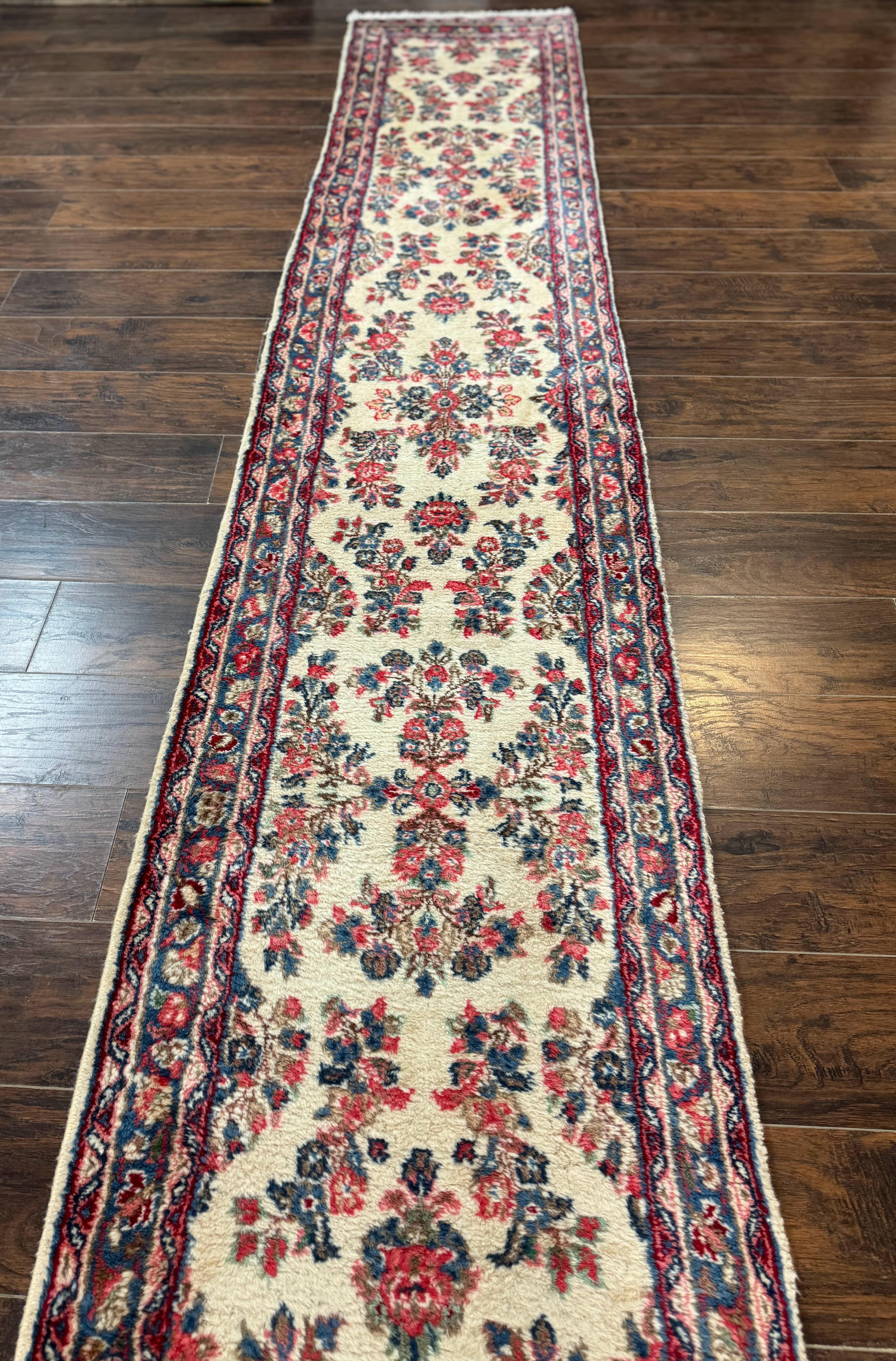 Persian Sarouk Runner Rug 2.4 x 21, Handmade Wool Floral Runner Rug for Hallway, 21ft Runner, Ivory - Jewel Rugs