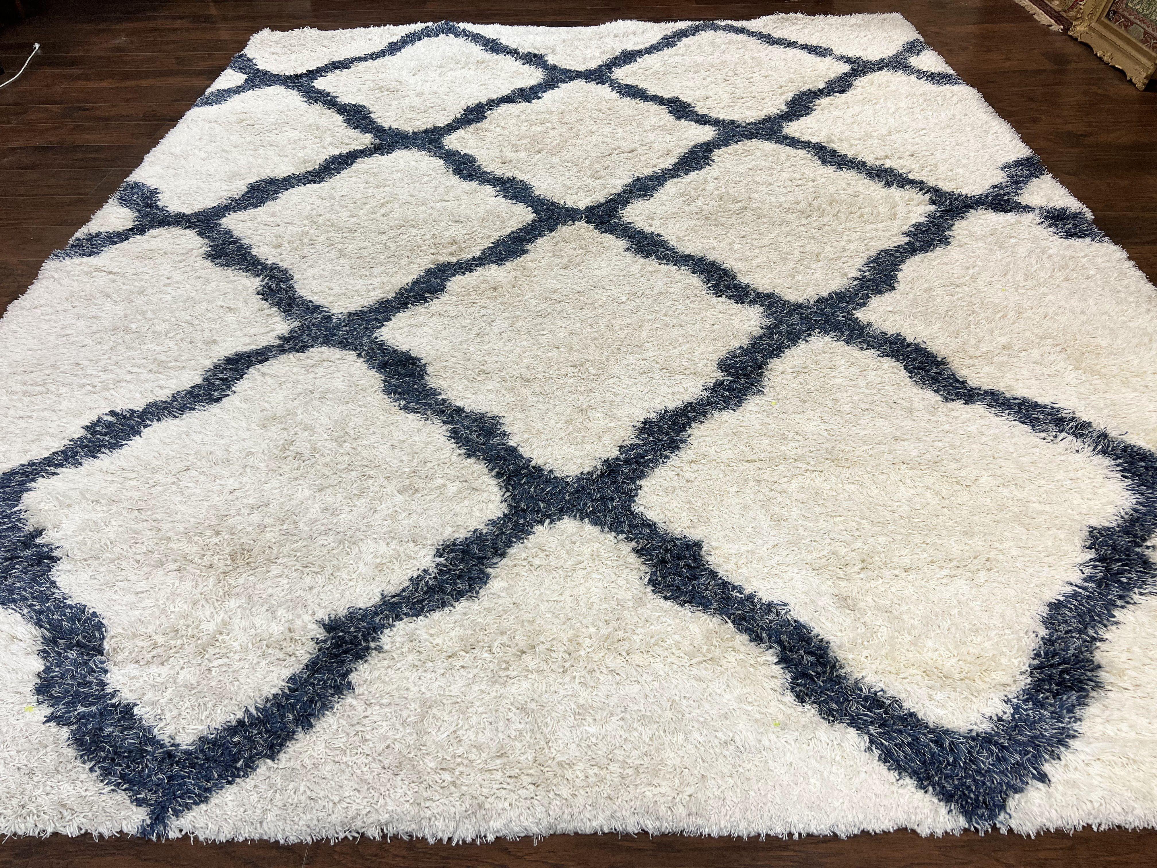 Modern Shag Rug 9x12, Ivory and Dark Blue, Diamond Pattern, Soft, Room Sized, Contemporary Rug, Plush - Jewel Rugs