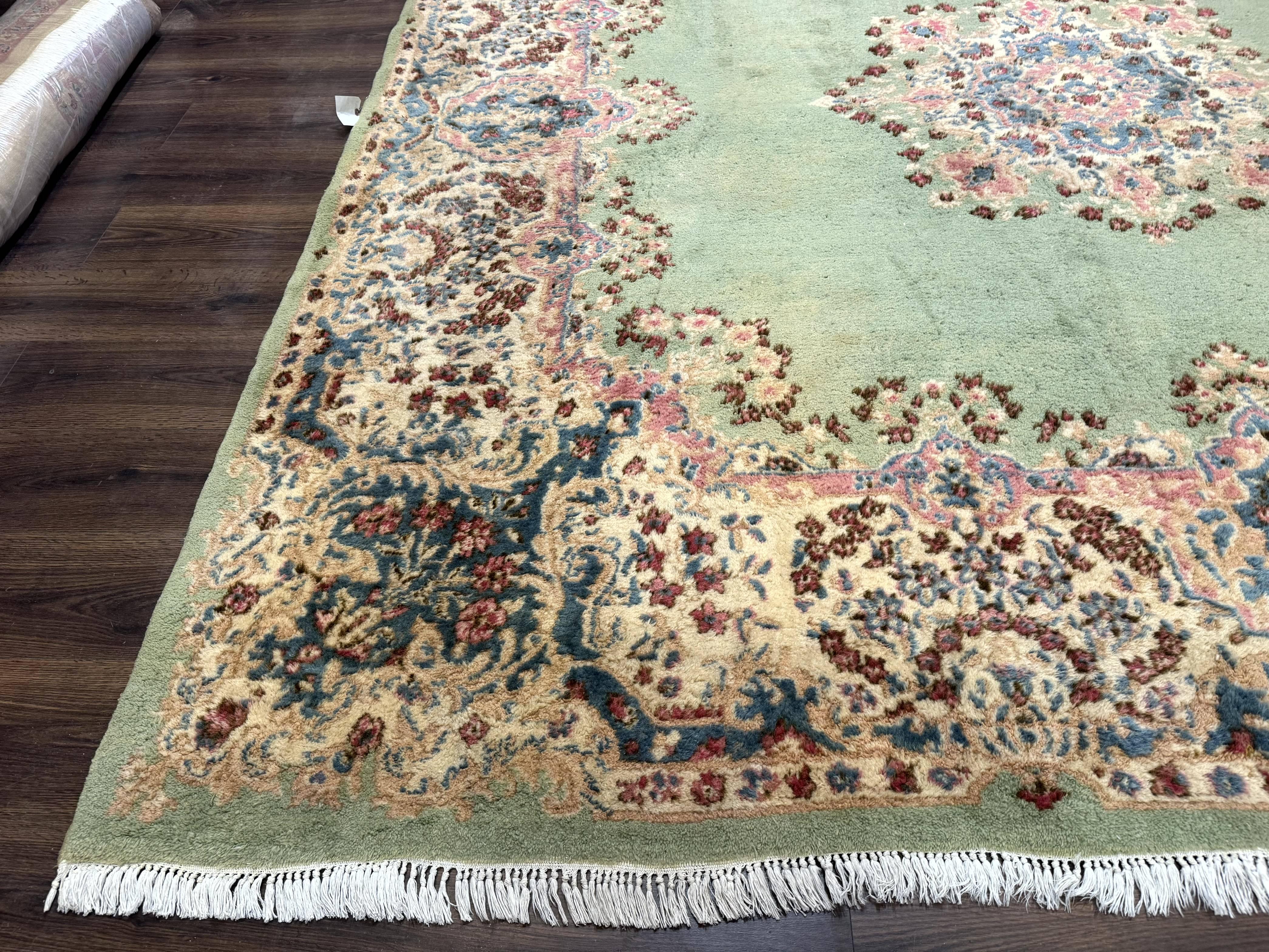 Green Persian Rug 10x10, Large Square Persian Carpet, Wool Rug, Open Field, Green and Beige Rug, Kerman Rug - Jewel Rugs