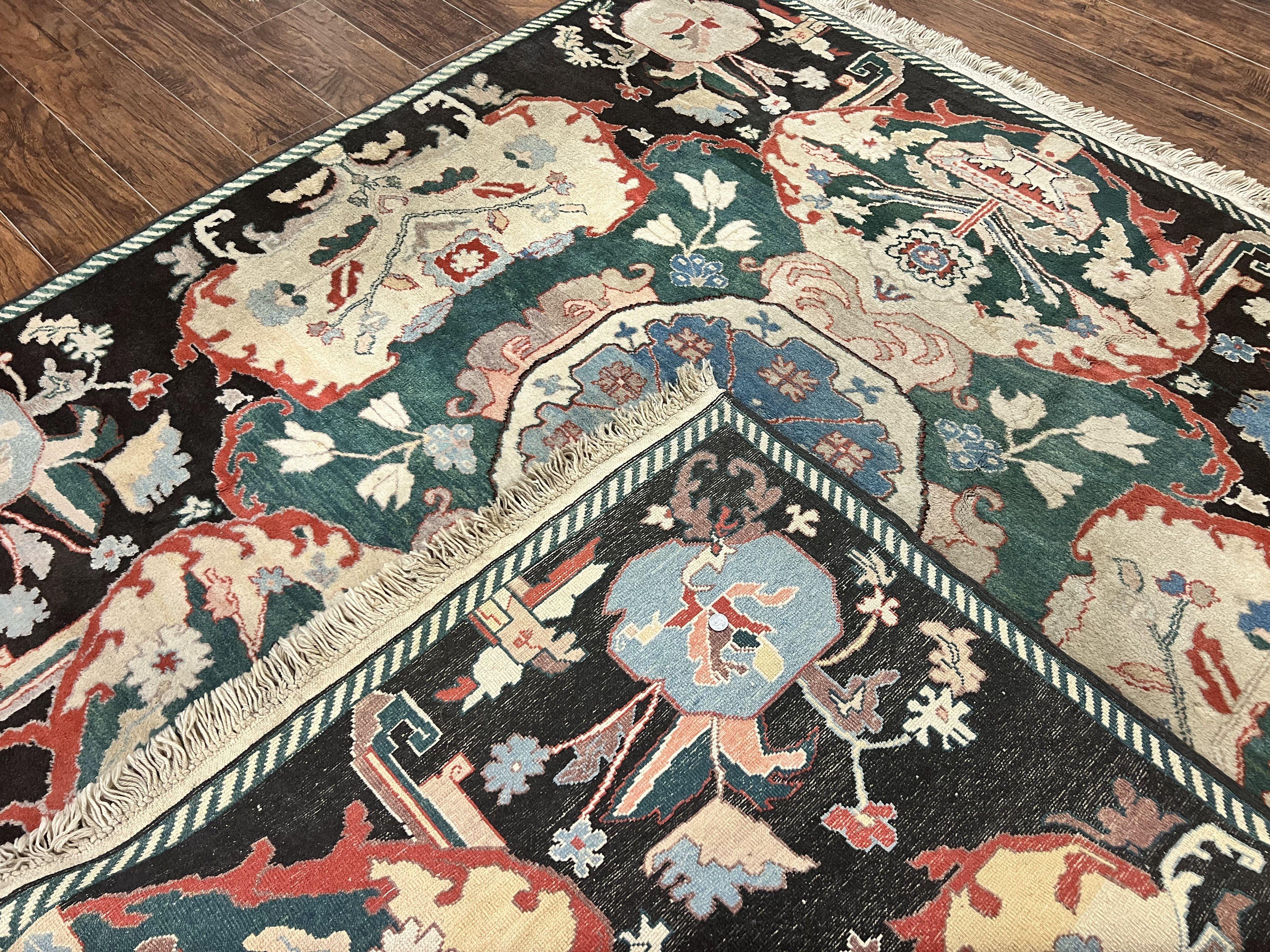 Square Turkish Rug 7x7, Vintage Handmade Wool Carpet, Black Beige Green - Jewel Rugs