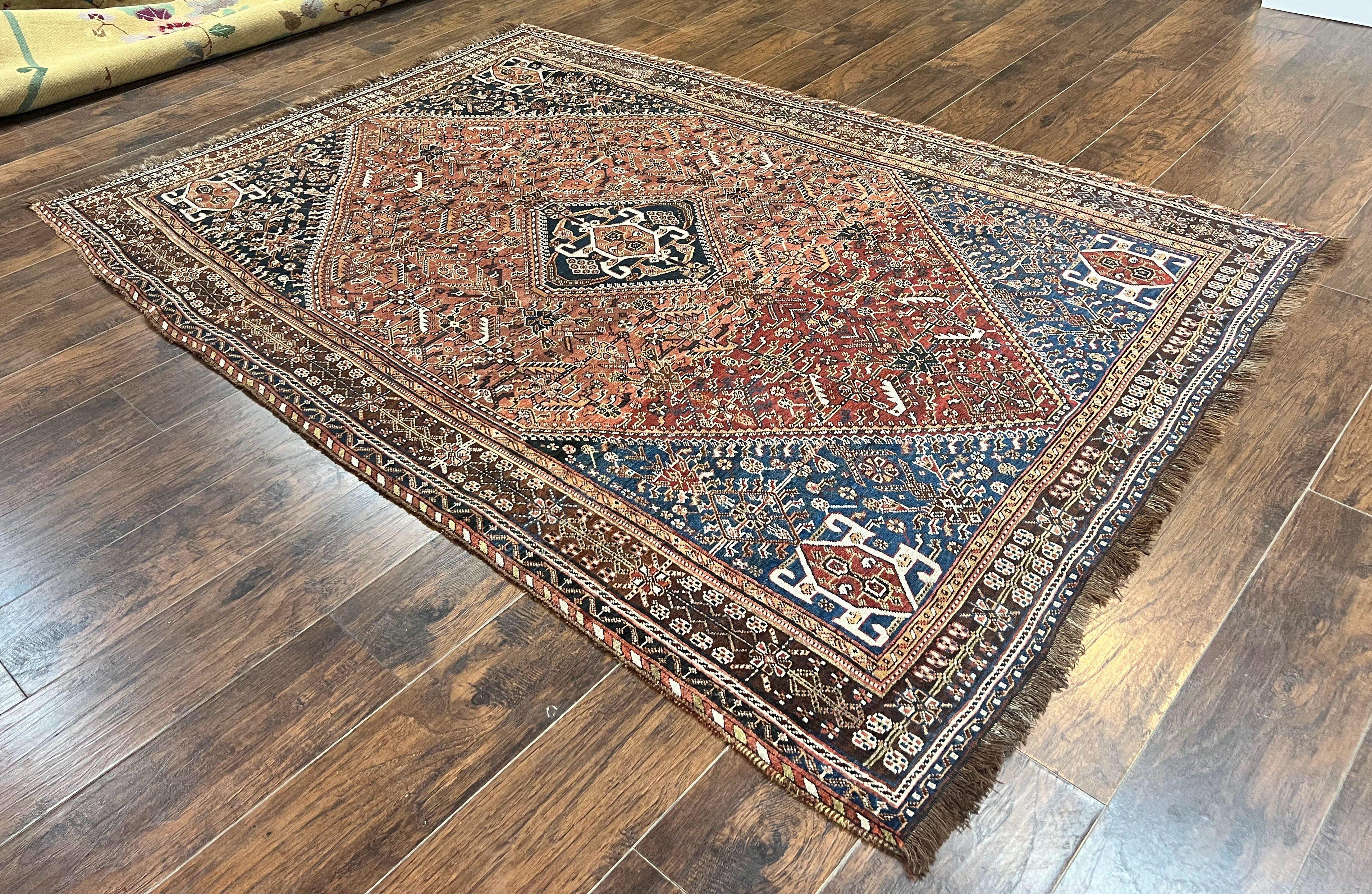 Antique Persian Shiraz Tribal Rug 6x8, Geometric Rug, Wool Handmade Hand Knotted Carpet, Red Blue - Jewel Rugs