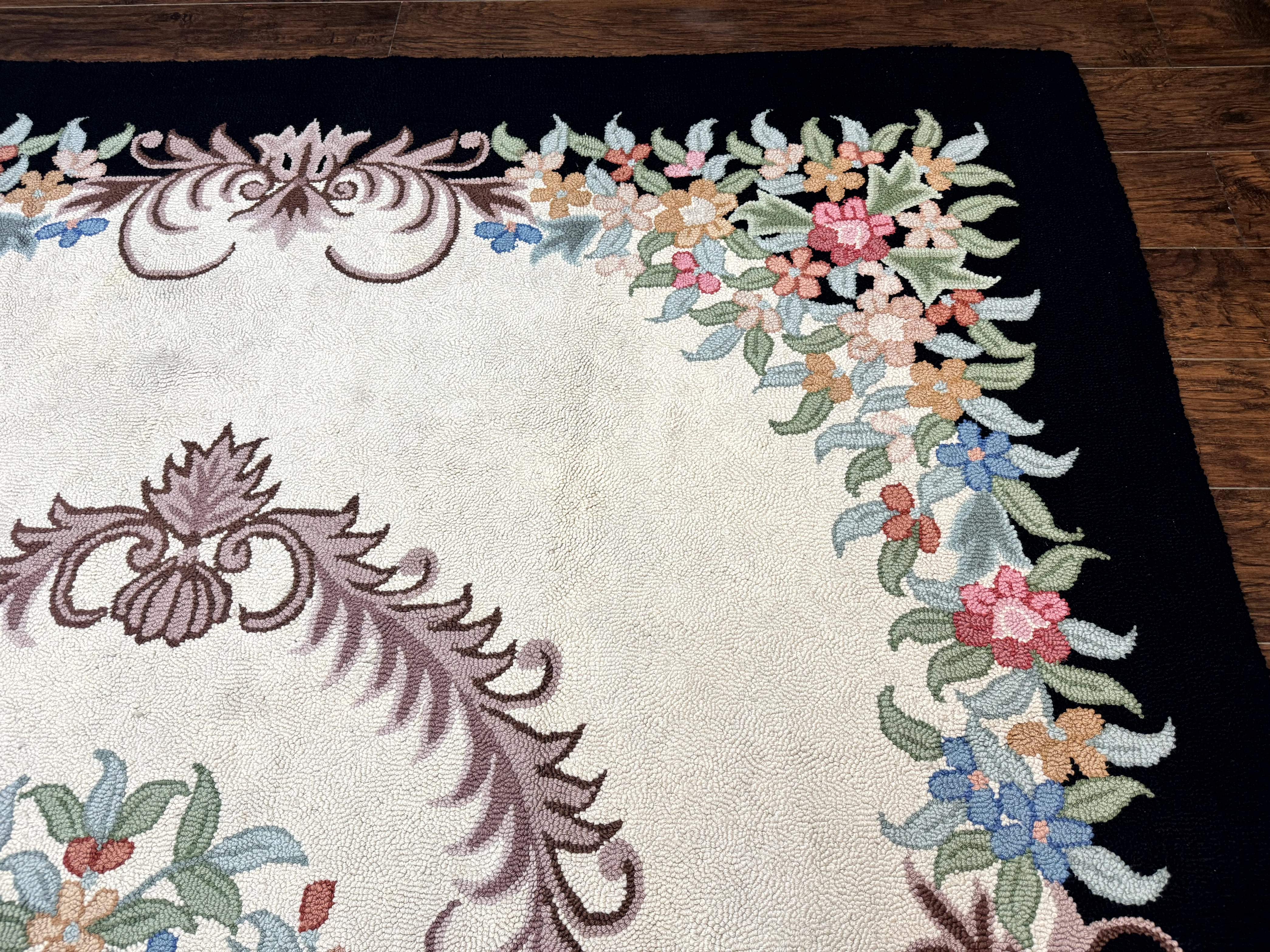 Large American Hooked Rug 8x11, Vintage Ivory Black Floral Carpet - Jewel Rugs