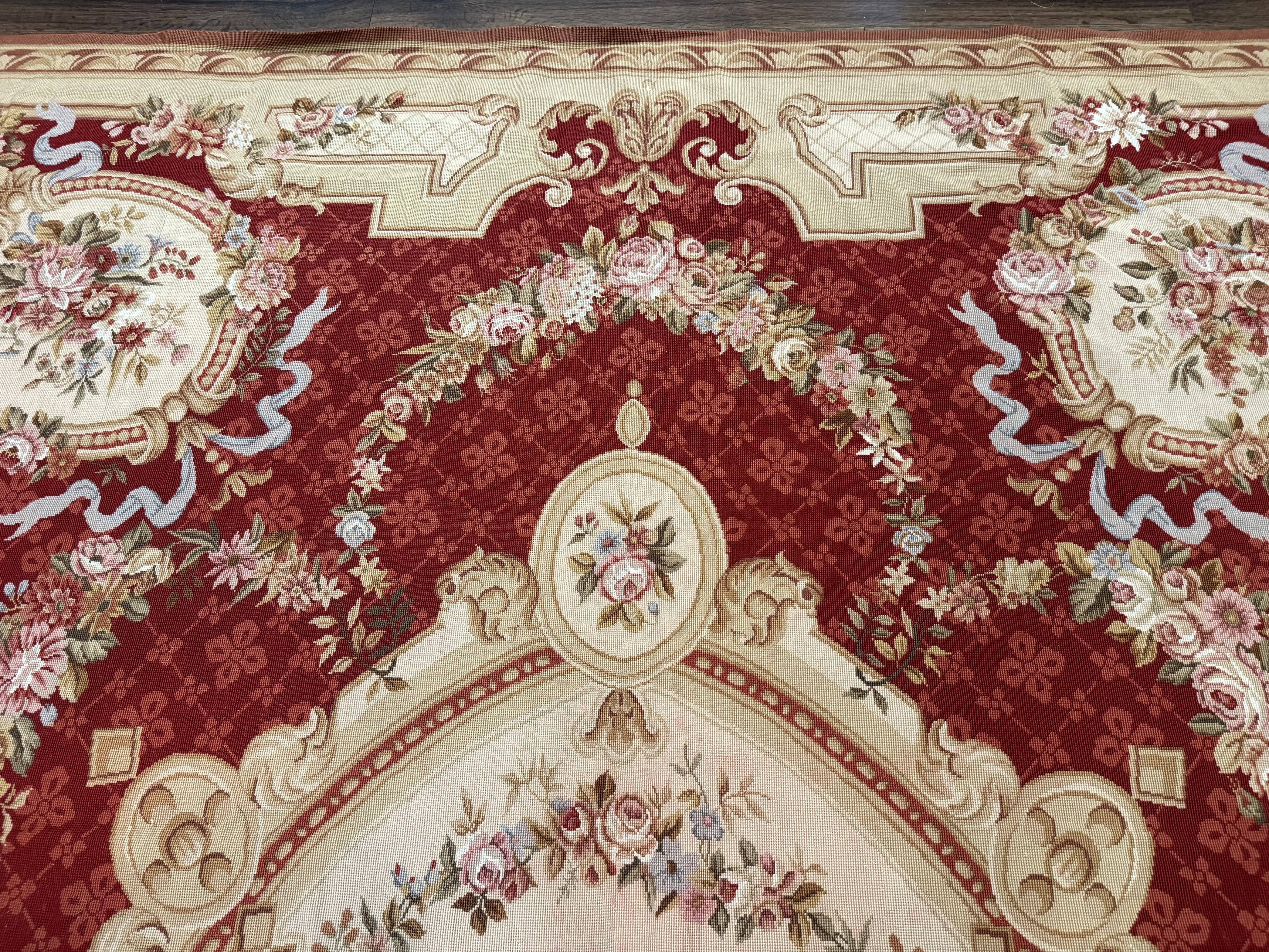 Aubusson Rug 8x11, Needlepoint Carpet, Red Ivory Beige, Vintage, French European Design - Jewel Rugs