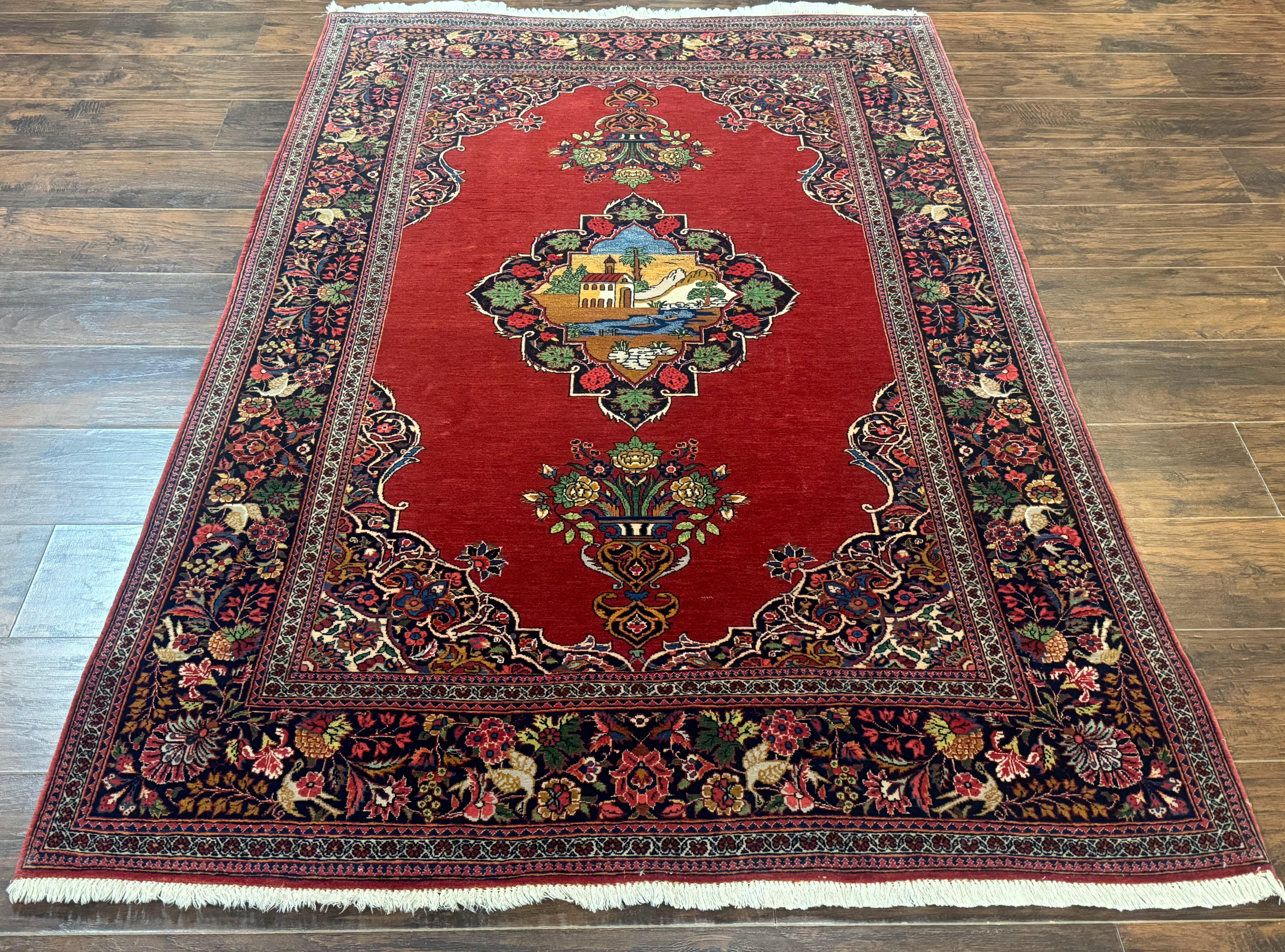 Red Persian Kashan Rug 4x6, Very Fine 260 KPSI, Red and Navy Blue Persian Carpet, Semi Open Field - Jewel Rugs
