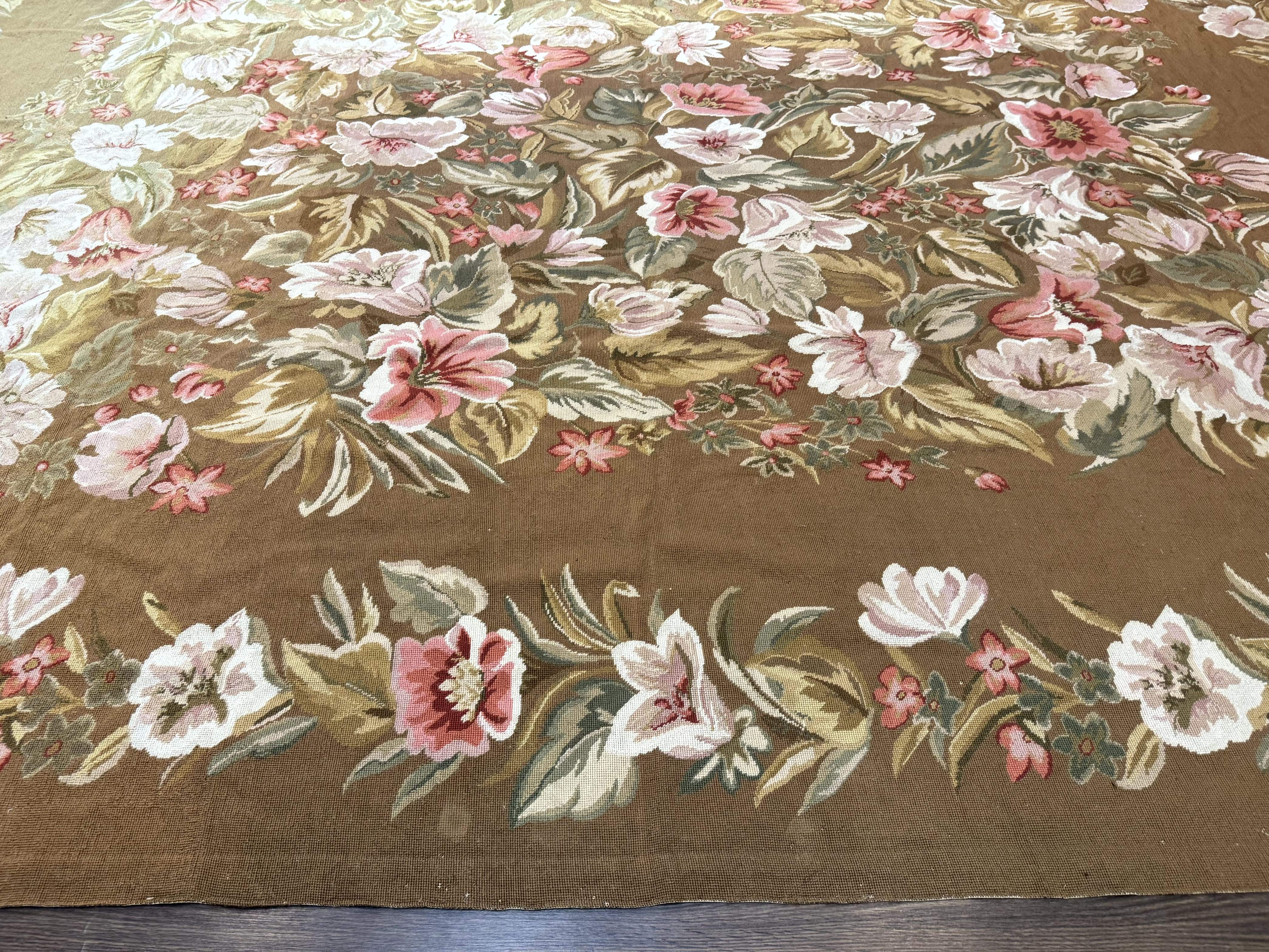 Large Needlepoint Rug 11x14, Vintage Floral Wool Carpet, Caramel - Jewel Rugs