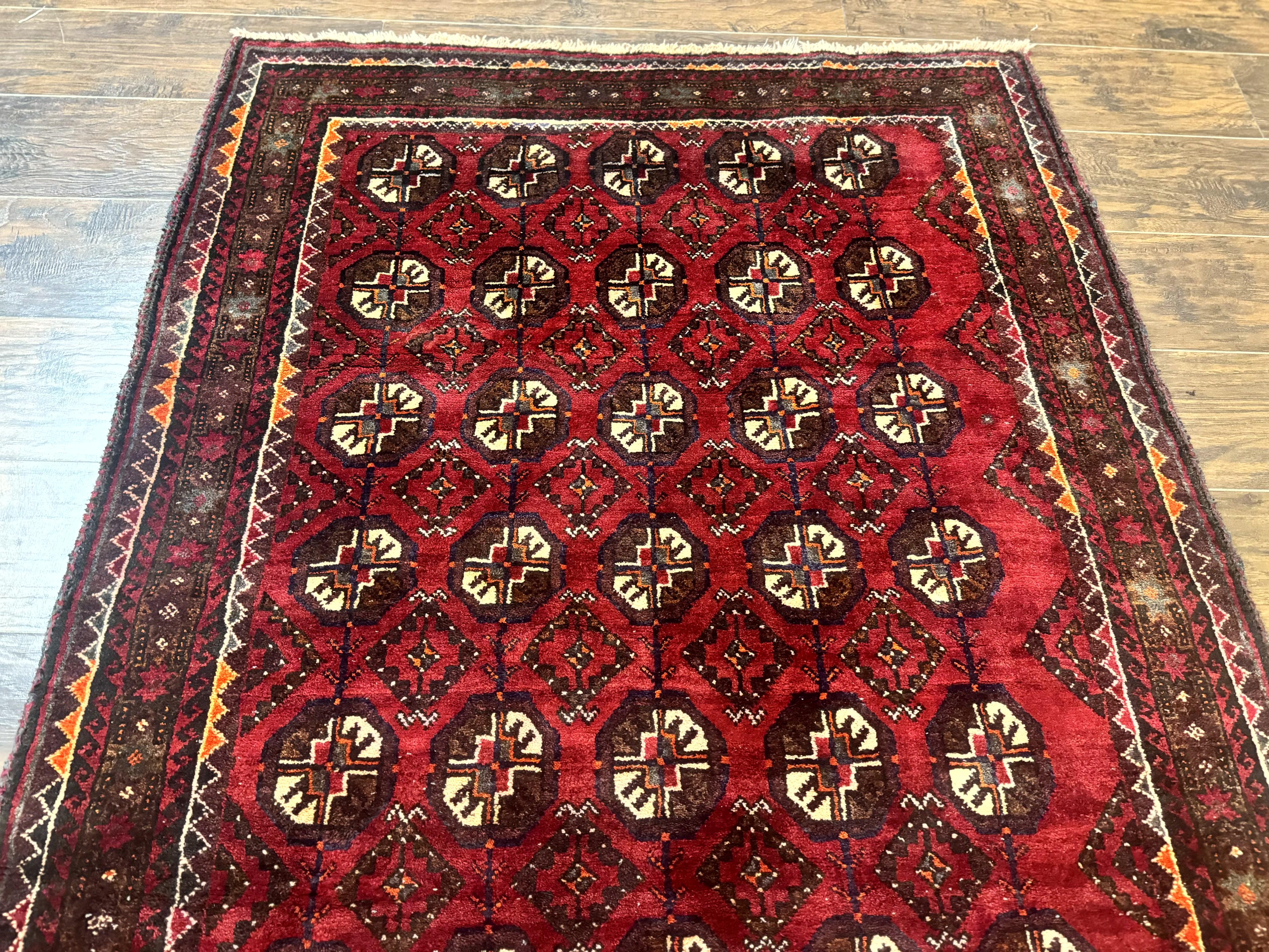 Persian Turkoman Tribal Rug 4x8, Handmade Vintage Wool Carpet, Red, Bohemian Rug - Jewel Rugs