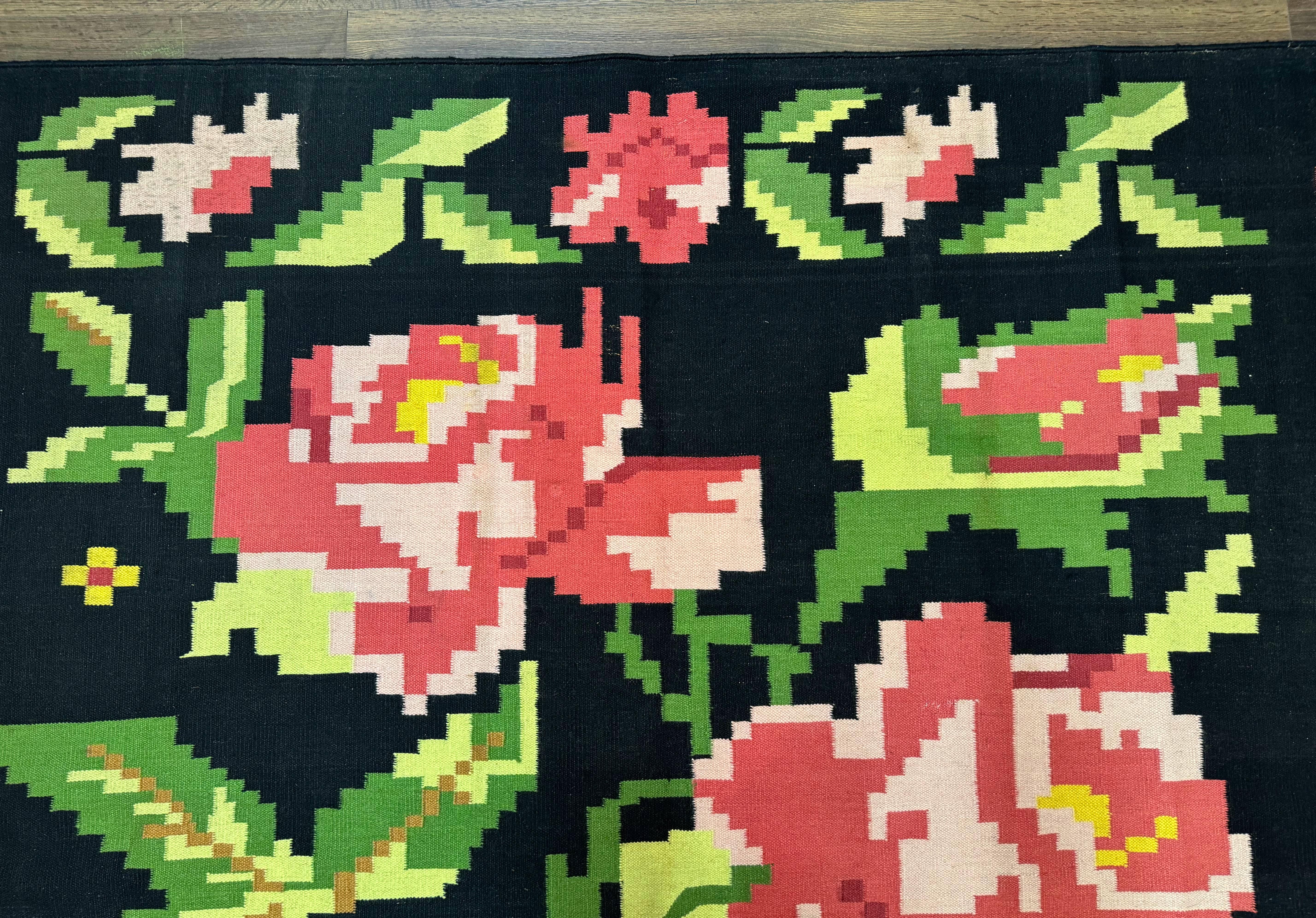 Large Indian Dhurrie Rug 8x10, Black Pink Green, 8 x 10 Kilim Rug, Handmade, Wool, Floral - Jewel Rugs