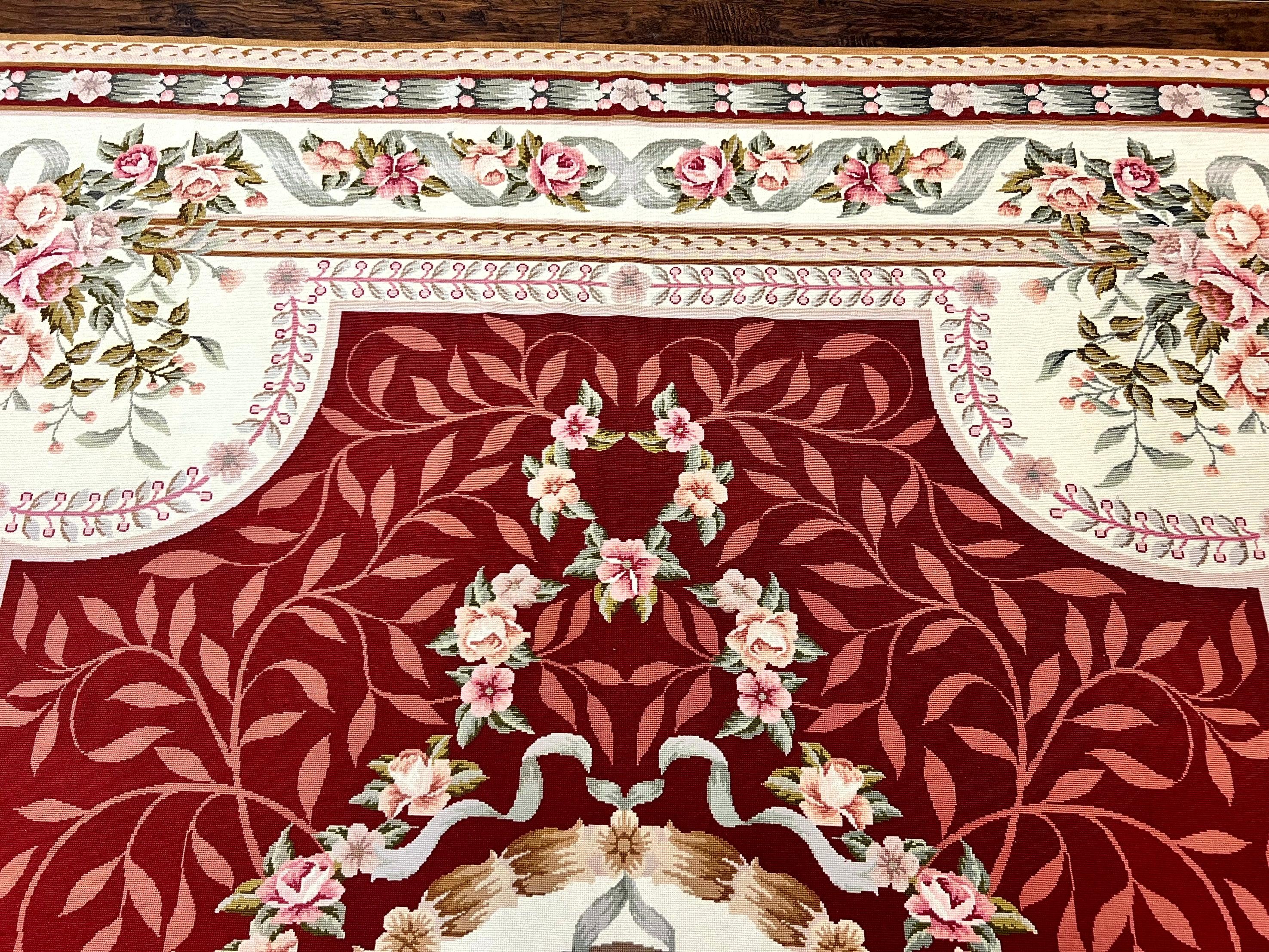 Wonderful Aubusson Rug 9x12, Handmade Vintage Needlepoint Carpet, Red and Ivory, Elegant European Design, Wool - Jewel Rugs