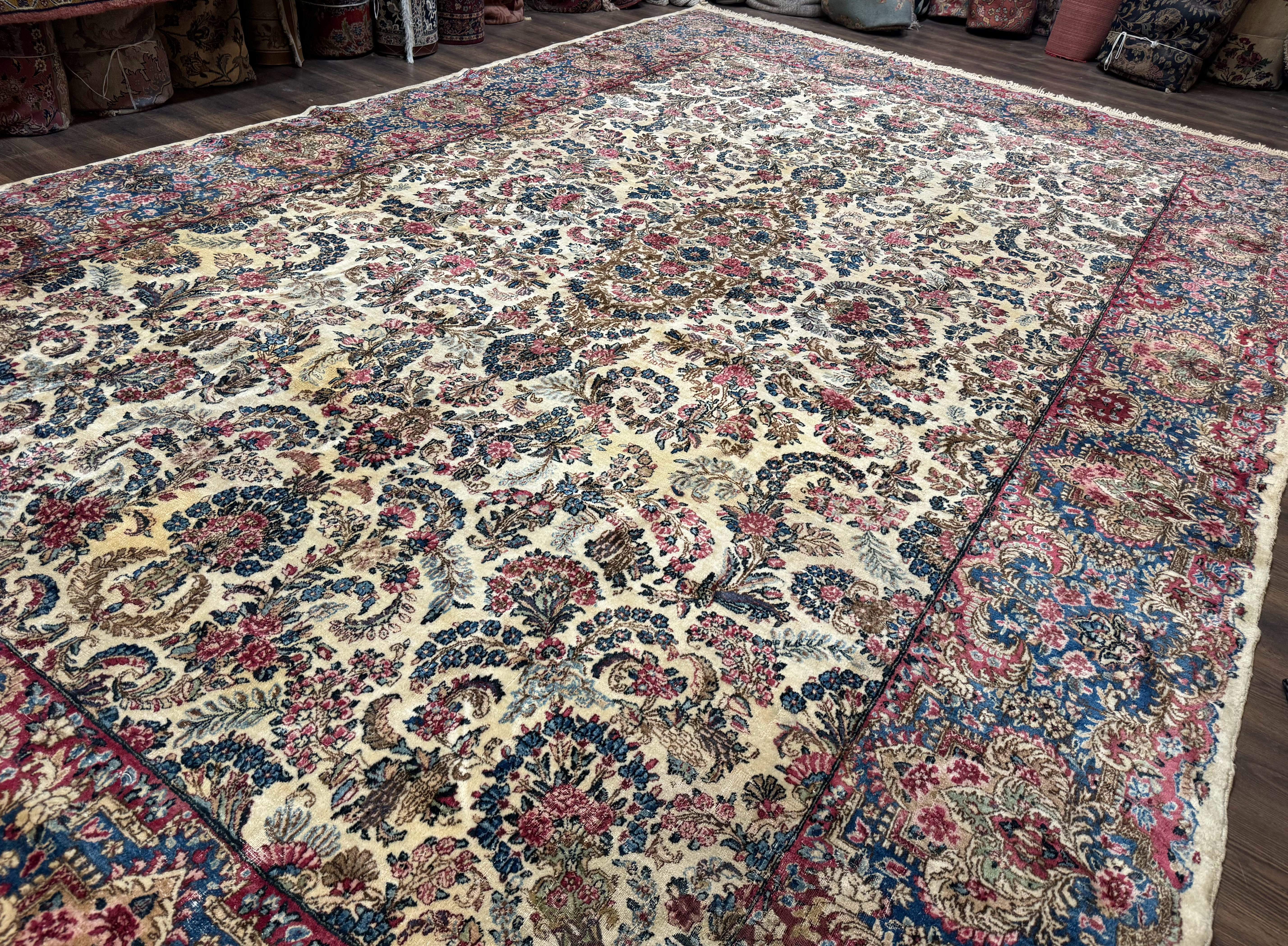 Palace Size Persian Kerman Rug 11x18, Ivory Blue Pink, Floral, Wool, Antique, 200 KPSI - Jewel Rugs