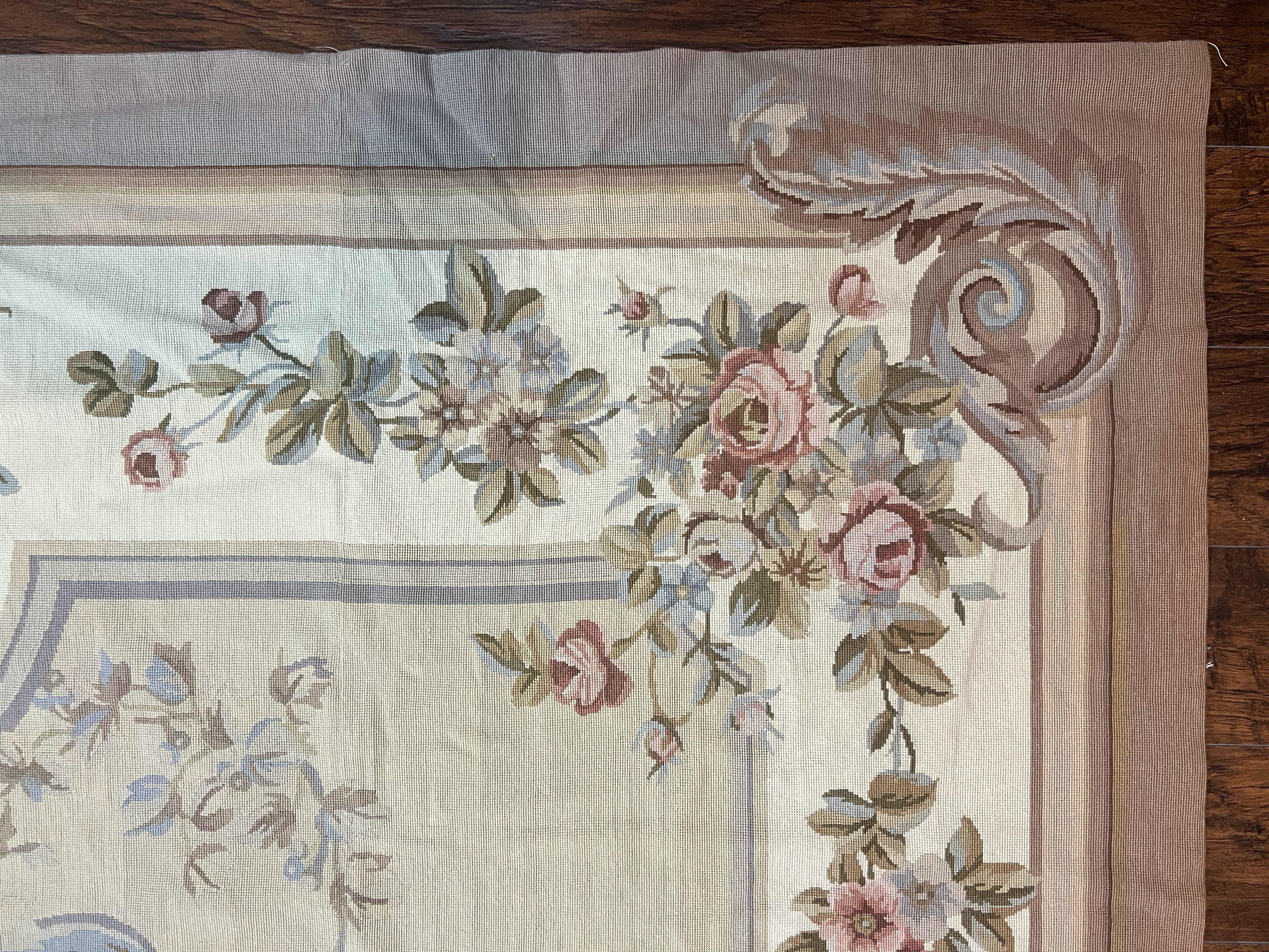 Aubusson Needlepoint Rug 9x12, VIntage Handmade Wool Beige Floral European Elegant Rug 9 x 12, Floral Roses - Jewel Rugs