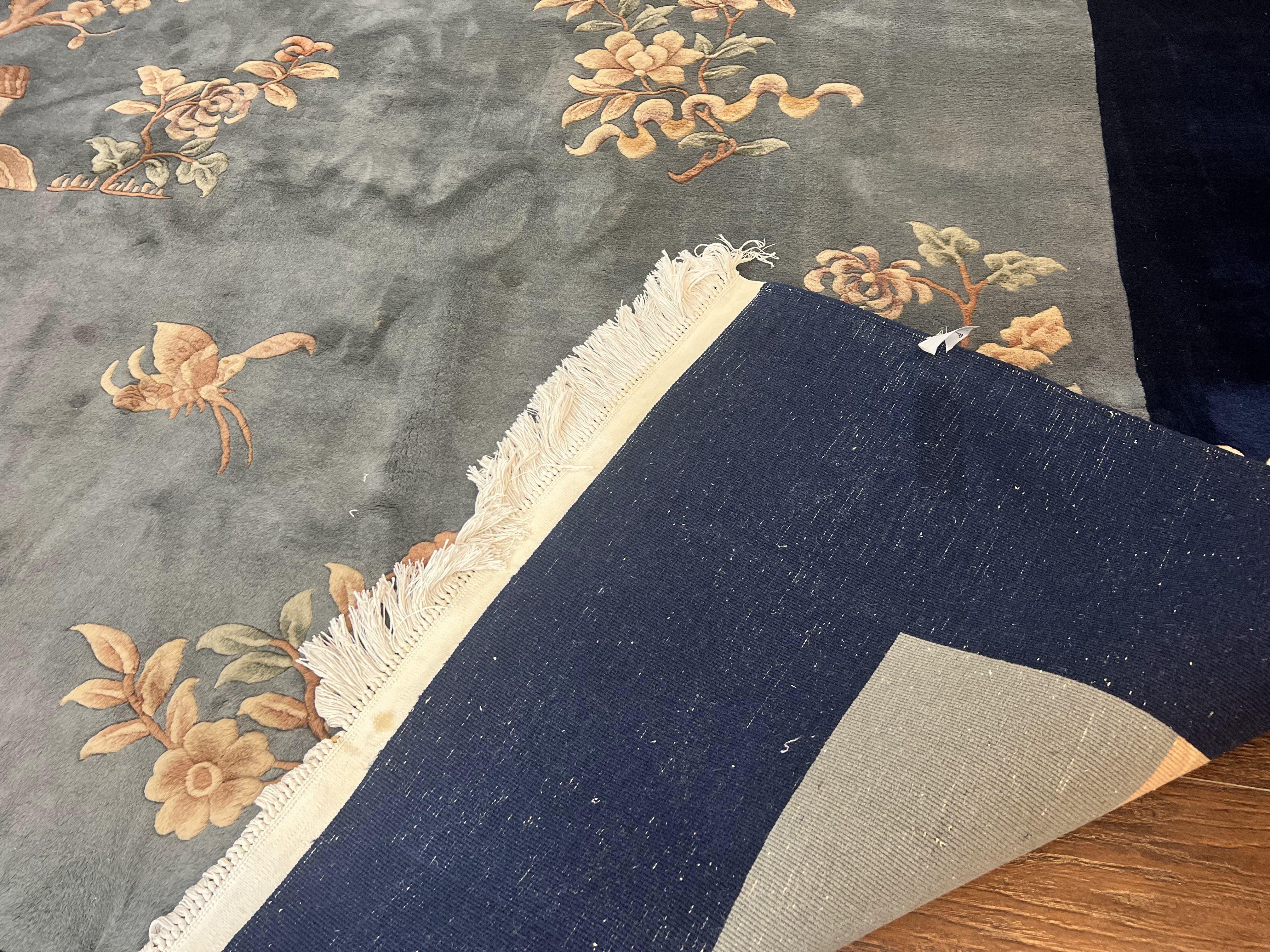 Chinese Wool Rug 9x11, Art Deco Carpet 9 x 11, Wool Handmade Vintage Carving Rug, Navy Blue & Gray, Simple Design, Signed by Masterweaver - Jewel Rugs