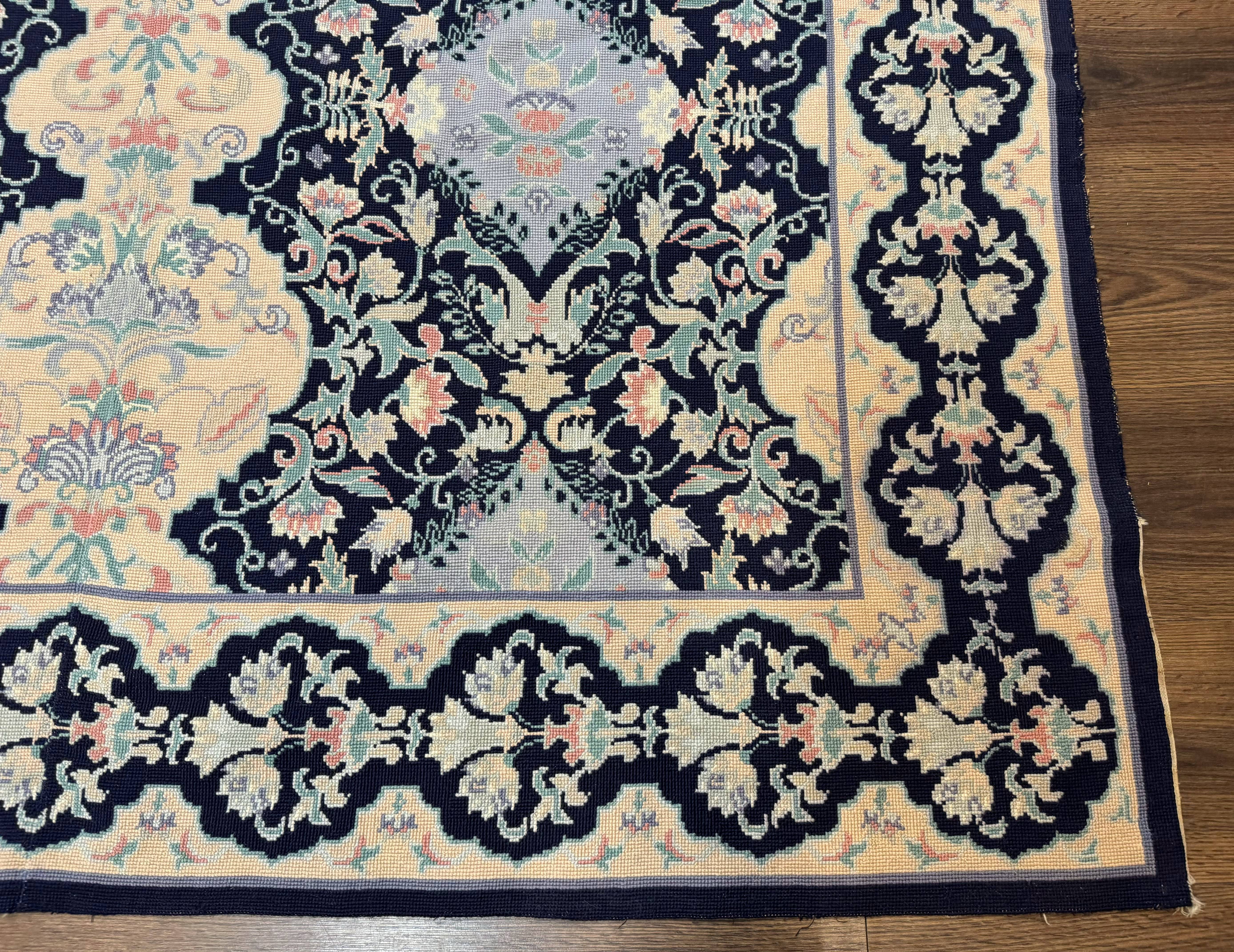 Needlepoint Rug 6x9, Ivory and Navy Blue - Jewel Rugs