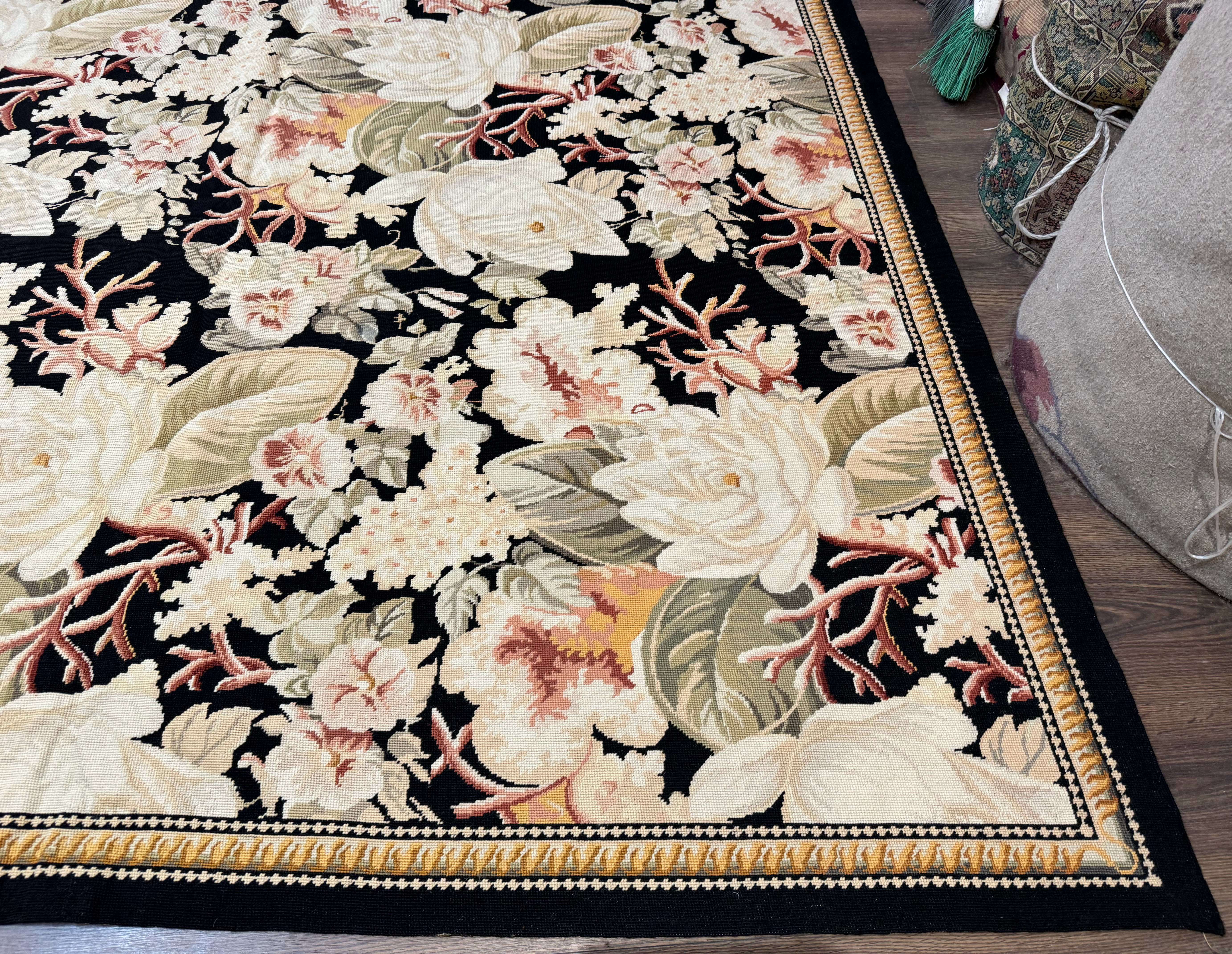 Palace Size Needlepoint Rug 13x17, Extra Large Wool Floral Handmade Carpet, European Design, Botanical - Jewel Rugs