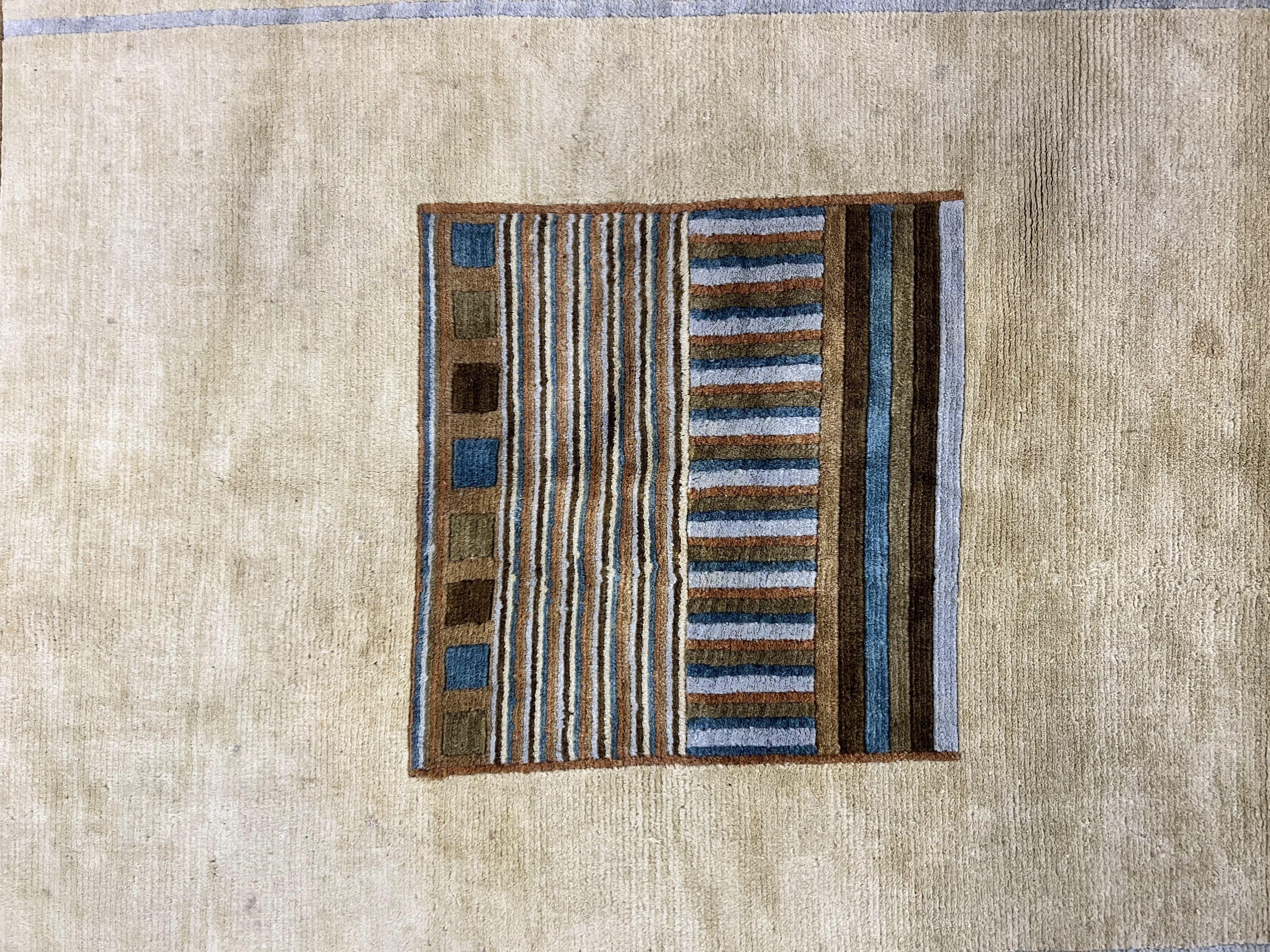 Tibetan Rug 5x8, Contemporary Rug 5 x 8 ft, Cream Brown Blue Hand-Knotted Wool w/ Silk Highlights Tibetan Carpet, Modern Rug - Jewel Rugs