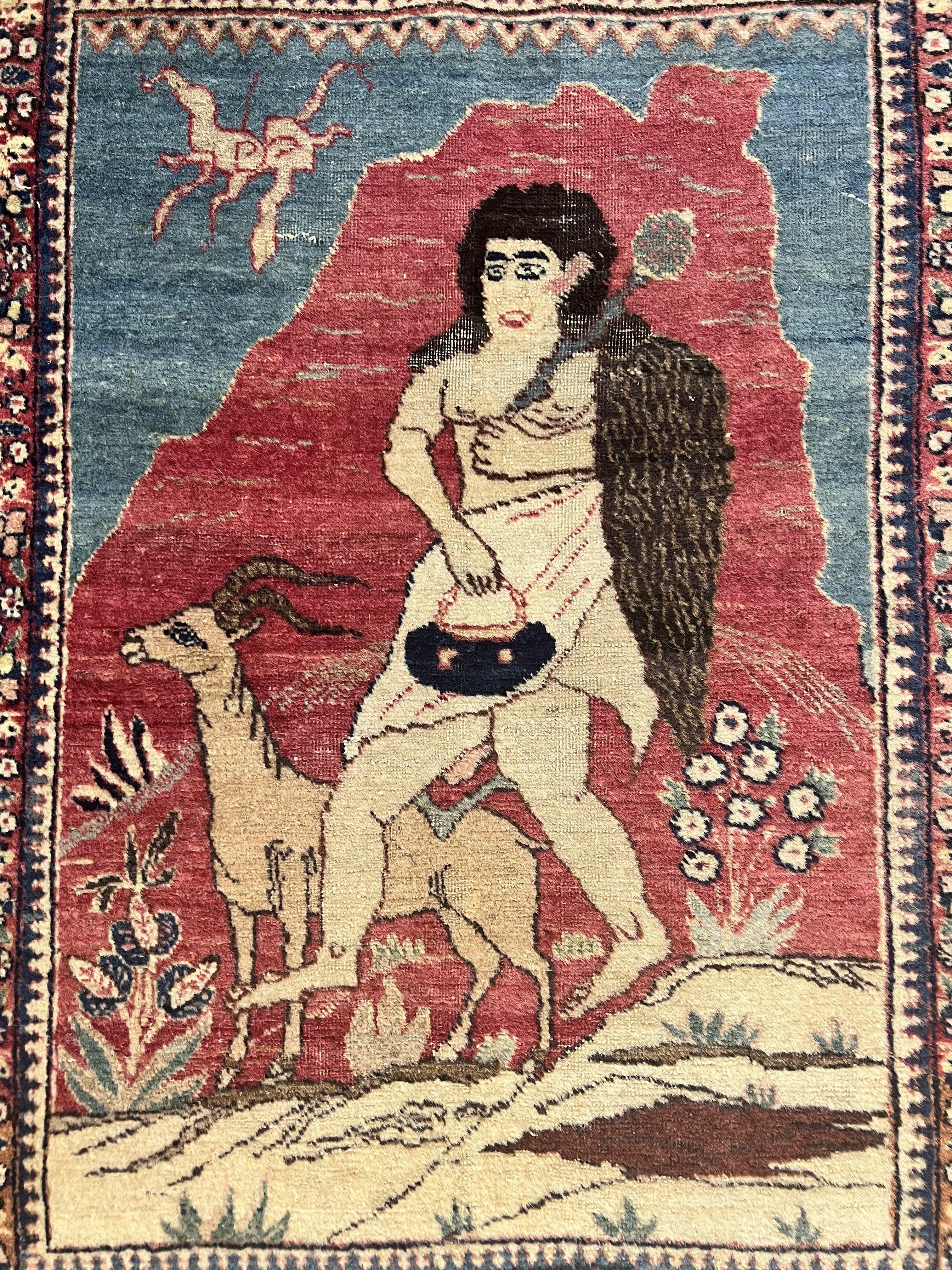 Antique Persian Kirman Rug 2 x 2.5, Small Hand Knotted Wool Carpet, Lavar Rug, Shepherd with Ram Pictorial Rug #1 - Jewel Rugs