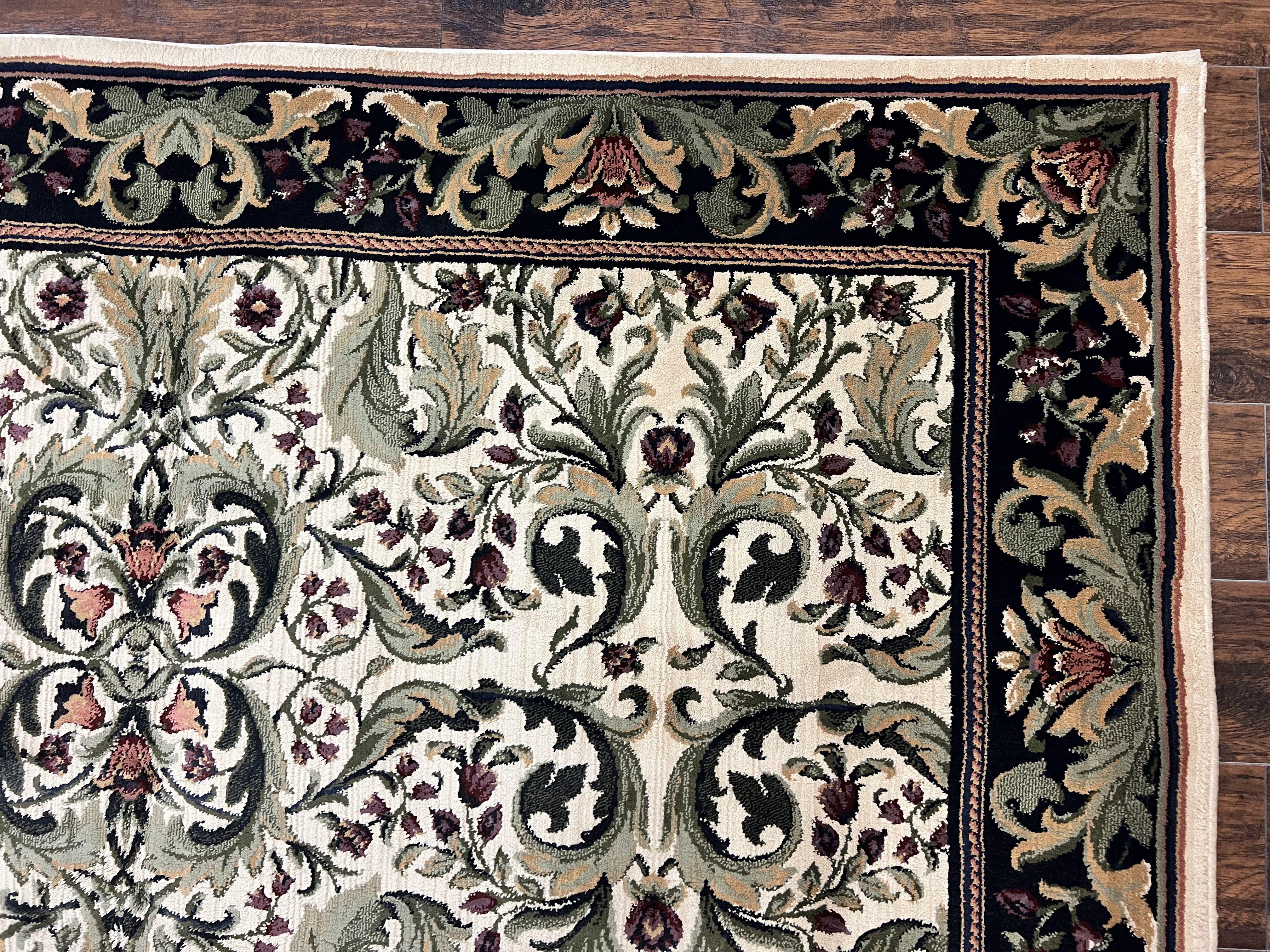 Oriental Rug 8x11, Floral Pattern, Ivory and Black - Jewel Rugs