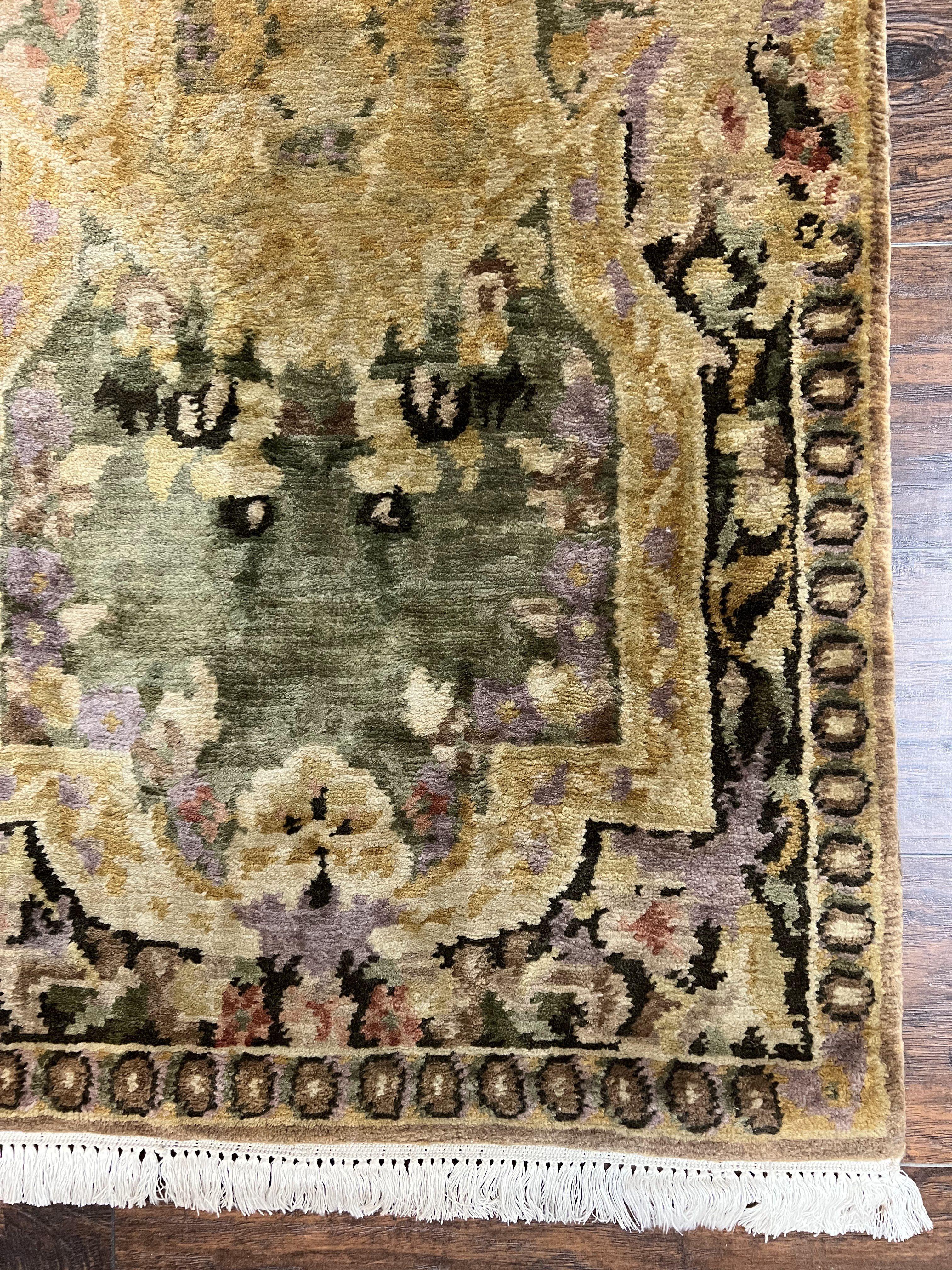 Tibetan Runner Rug 2.6 x 10, French Aubusson Pattern, Gold Olive Green, Vintage Handmade European Design, Wool Hallway Rug - Jewel Rugs