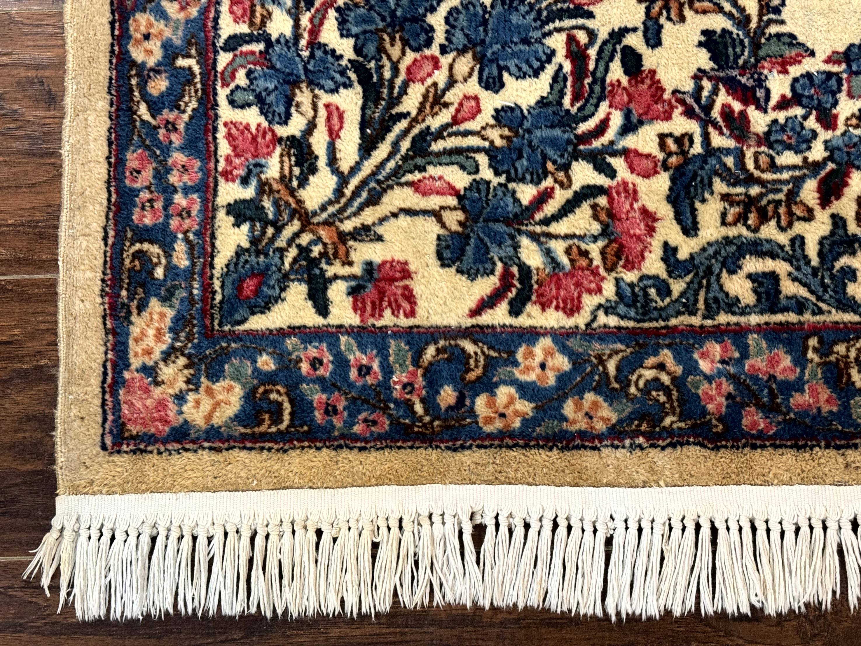 Square Persian Kerman Rug 4x4, Ivory Blue Pink, Handmade, Fine 225 KPSI - Jewel Rugs