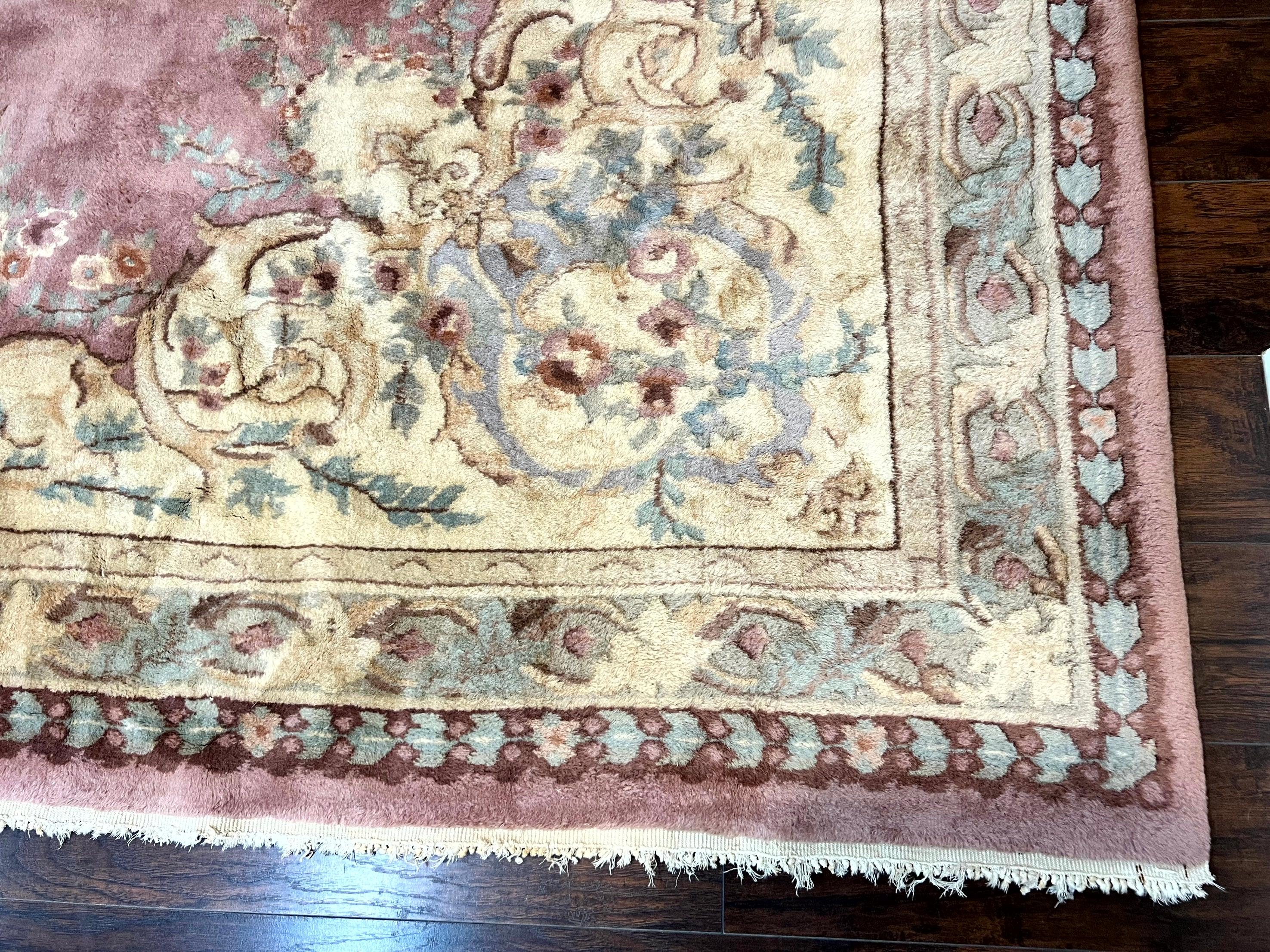 Indo Chinese Aubusson Wool Rug 10x14, Pink and Cream, Handmade Vintage Wool Carpet, Elegant European Design - Jewel Rugs