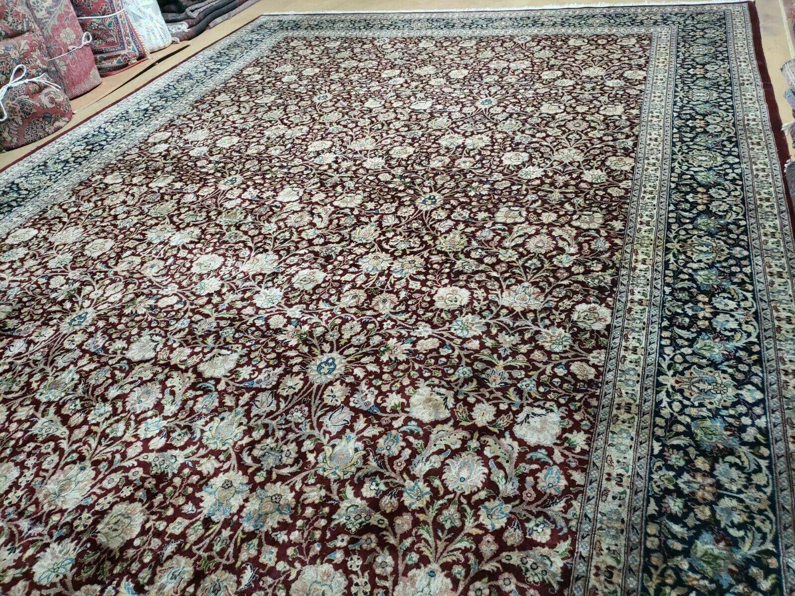 Persian Rug 9x12, Floral Allover, Very Fine, Handmade, Room Sized Oriental Carpet, Sino Persian, Maroon and Navy Blue - Jewel Rugs