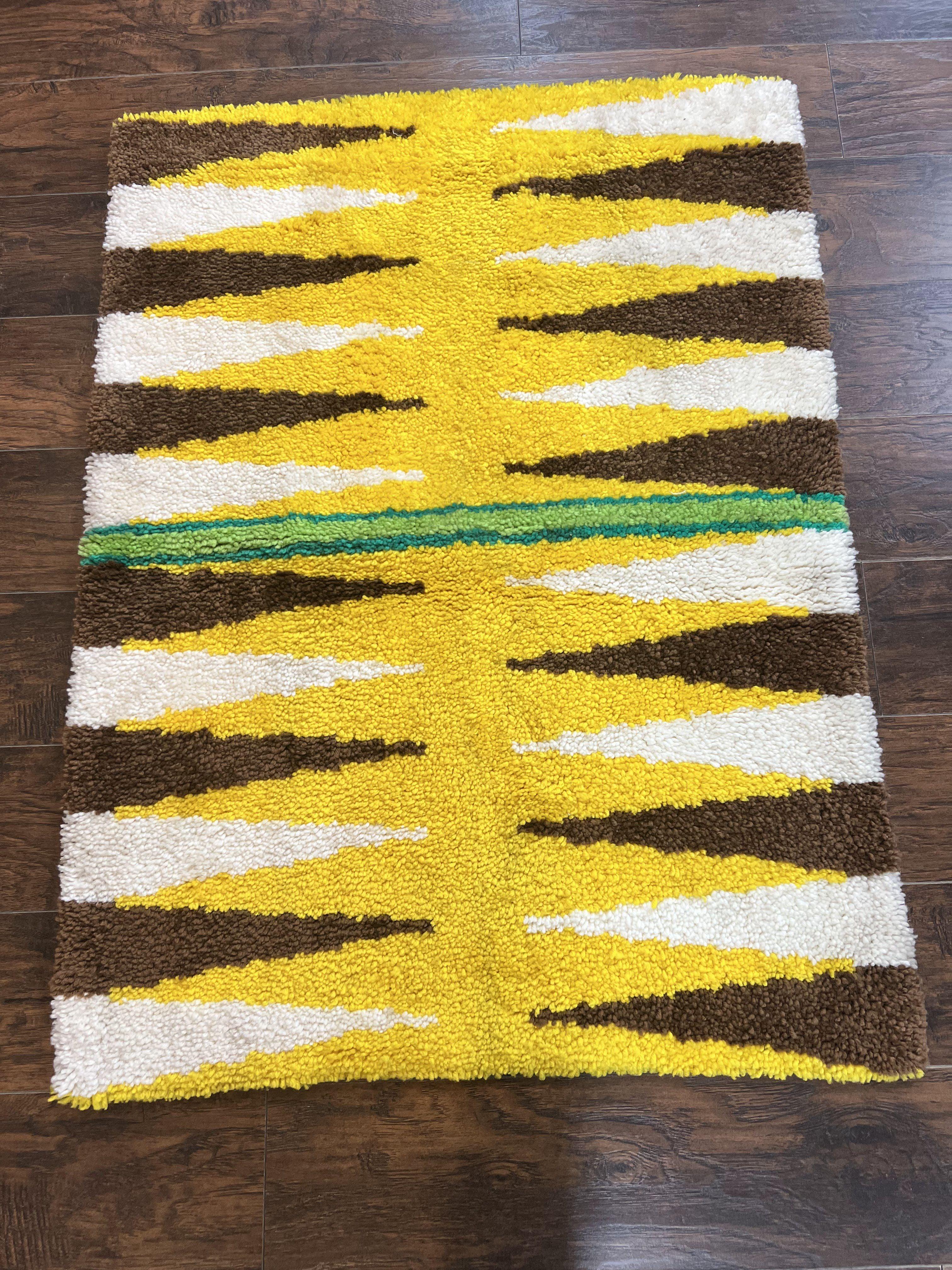 Danish Rya Rug 3x4, Vintage Mid Century Retro Rya Shag Rug, Stripes, Yellow Ivory Brown - Jewel Rugs