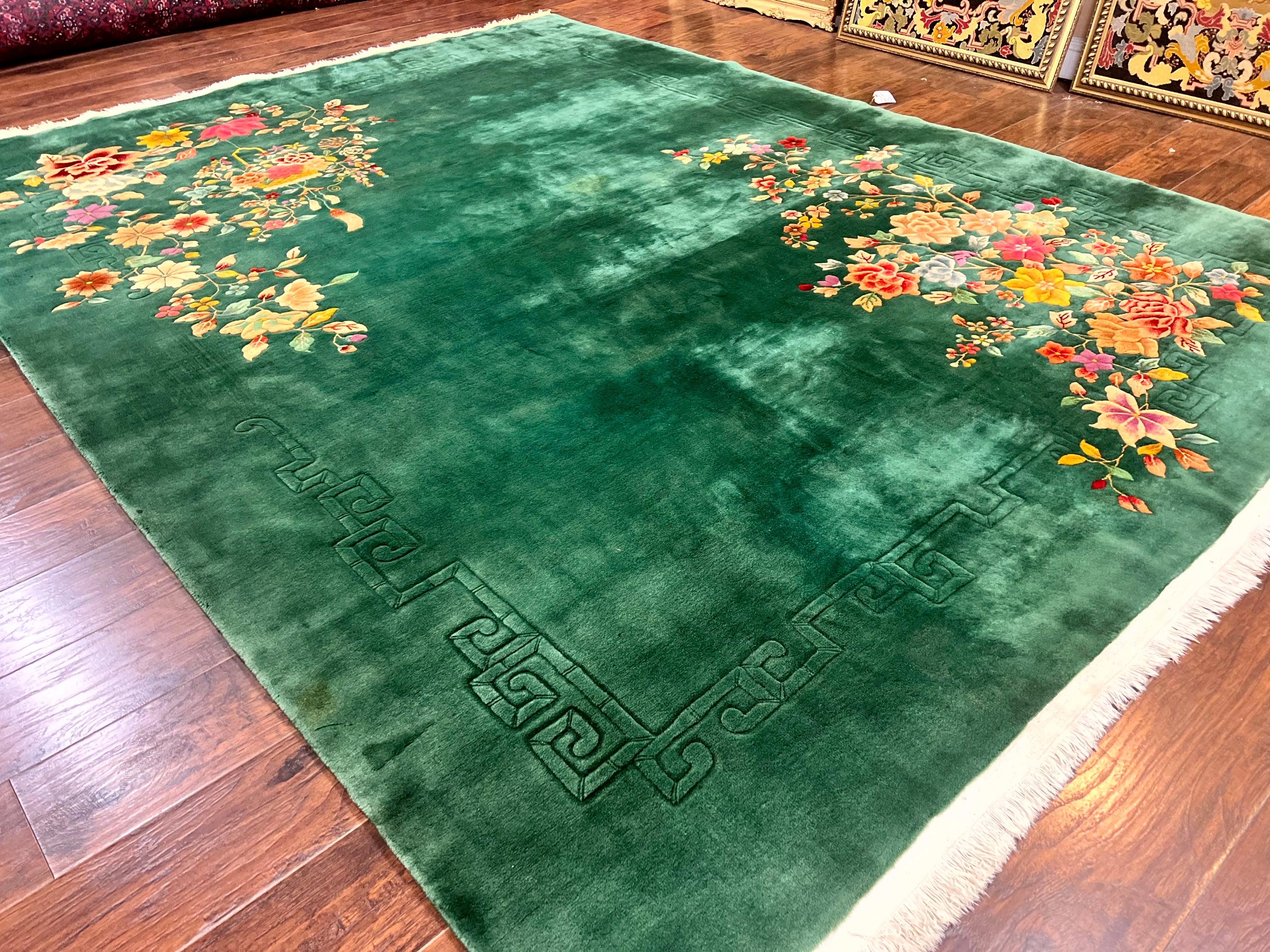 Green Chinese Art Deco Rug 9 x 11.6, Simple Design, Floral, Chinese Wool Carpet, Vintage Semi Antique, Nichols Rug, Handmade - Jewel Rugs
