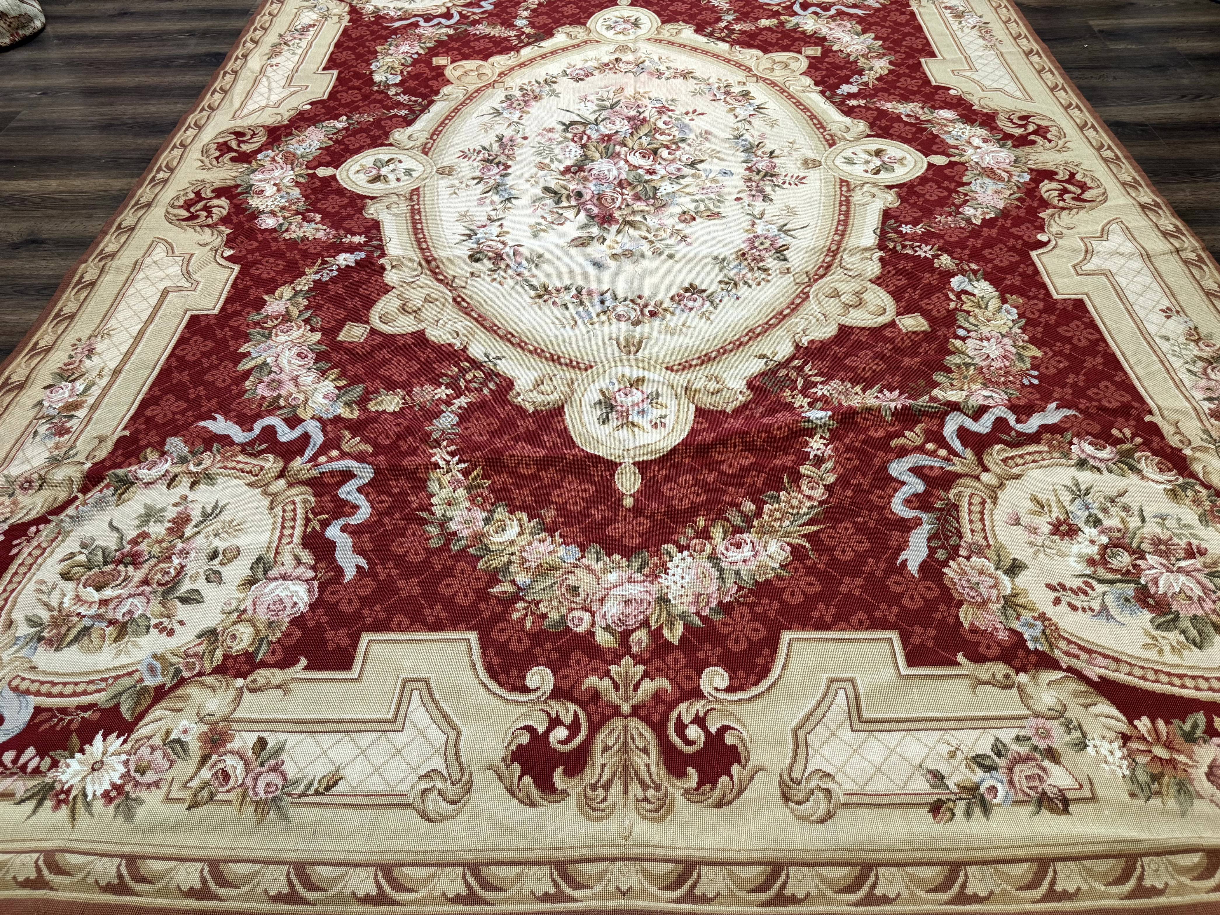 Aubusson Rug 8x11, Needlepoint Carpet, Red Ivory Beige, Vintage, French European Design - Jewel Rugs