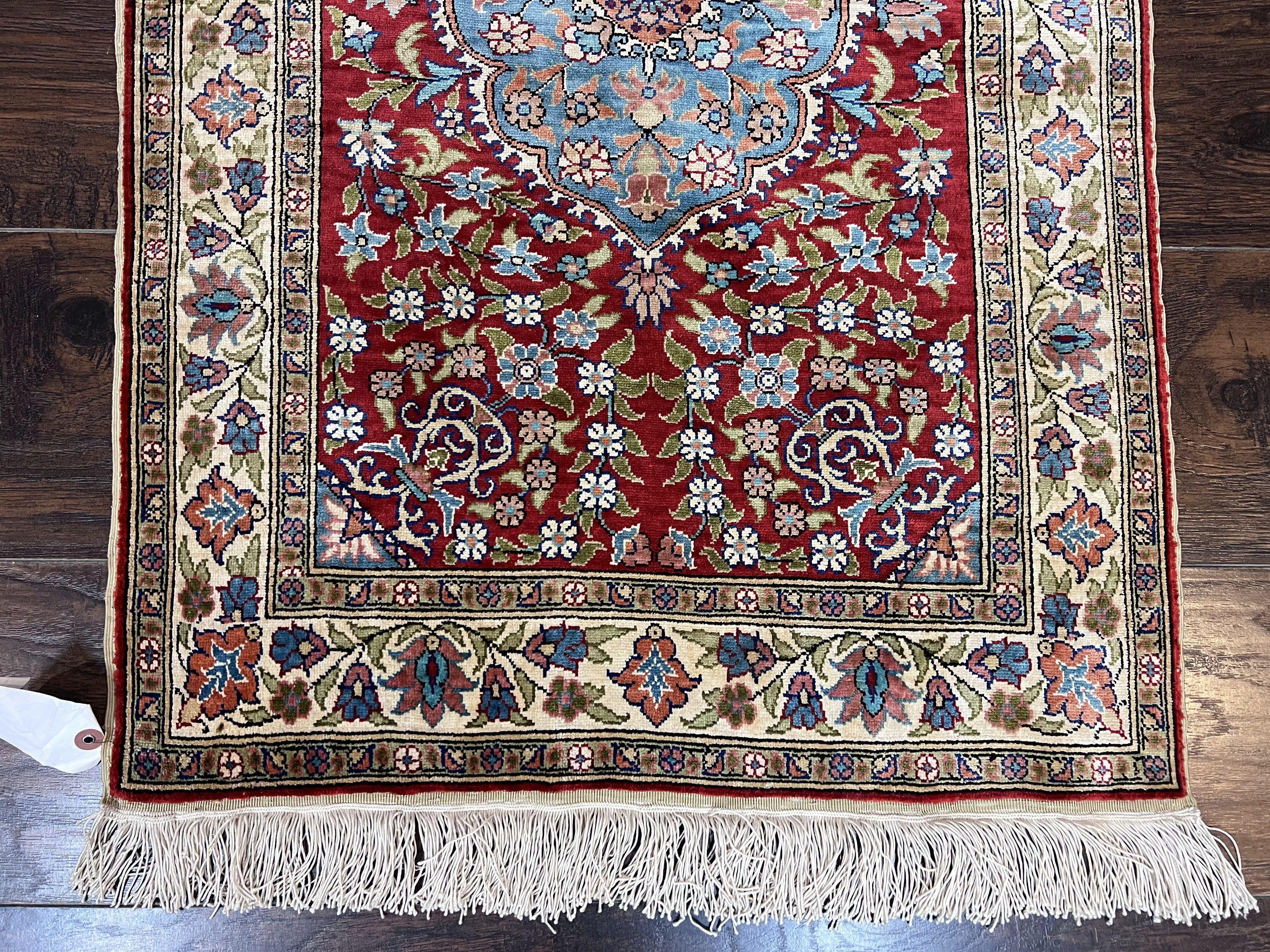 Silk Turkish Kayseri Rug 2x3, Small All Silk Turkish Carpet, Red and Light Blue, Very Fine Hand Knotted Semi Antique Vintage Handmade Rug - Jewel Rugs