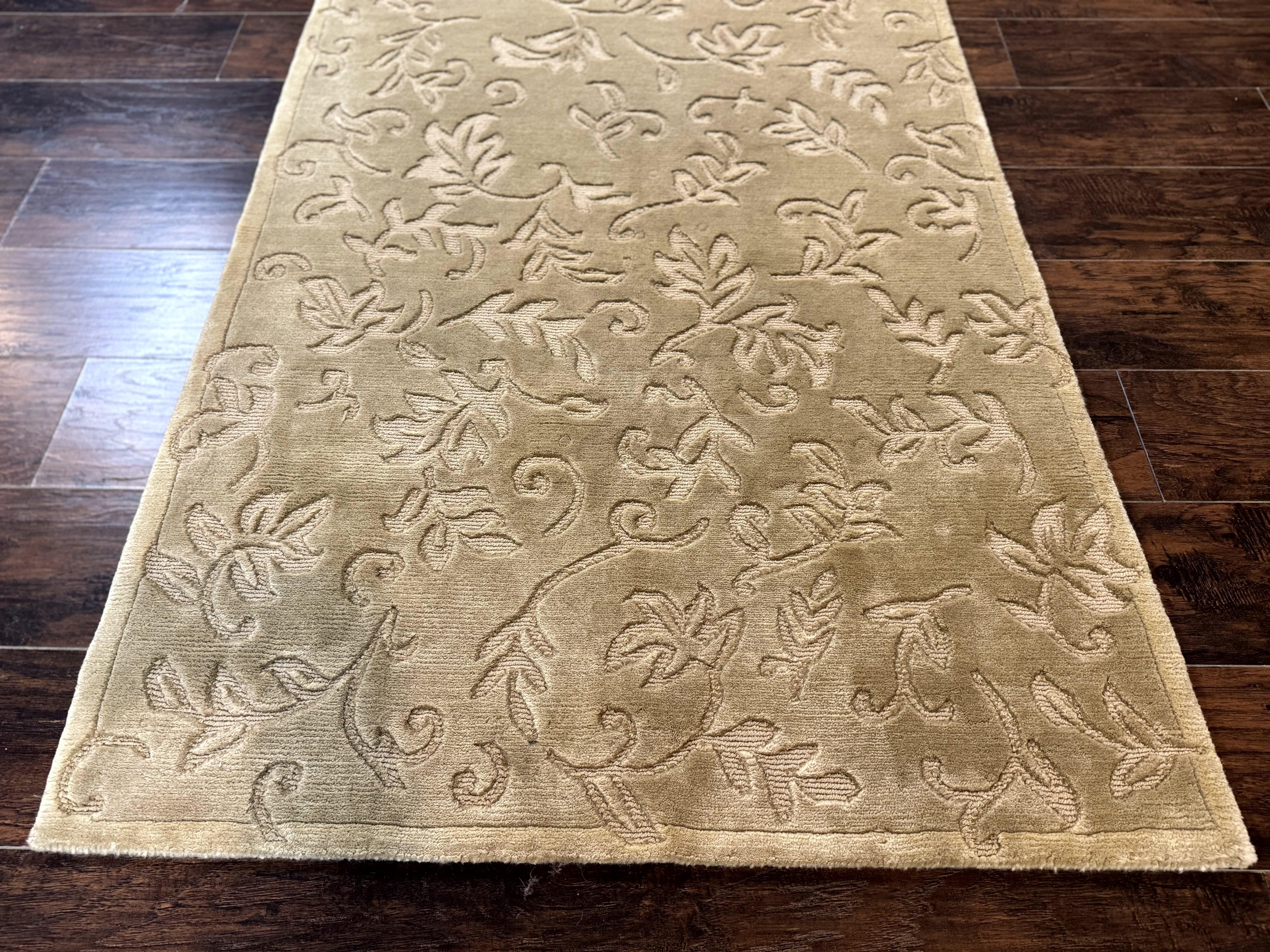 Modern Tibetan Rug 3.7 x 5.5, Carved Floral Design, Wool and Silk Highlights - Jewel Rugs