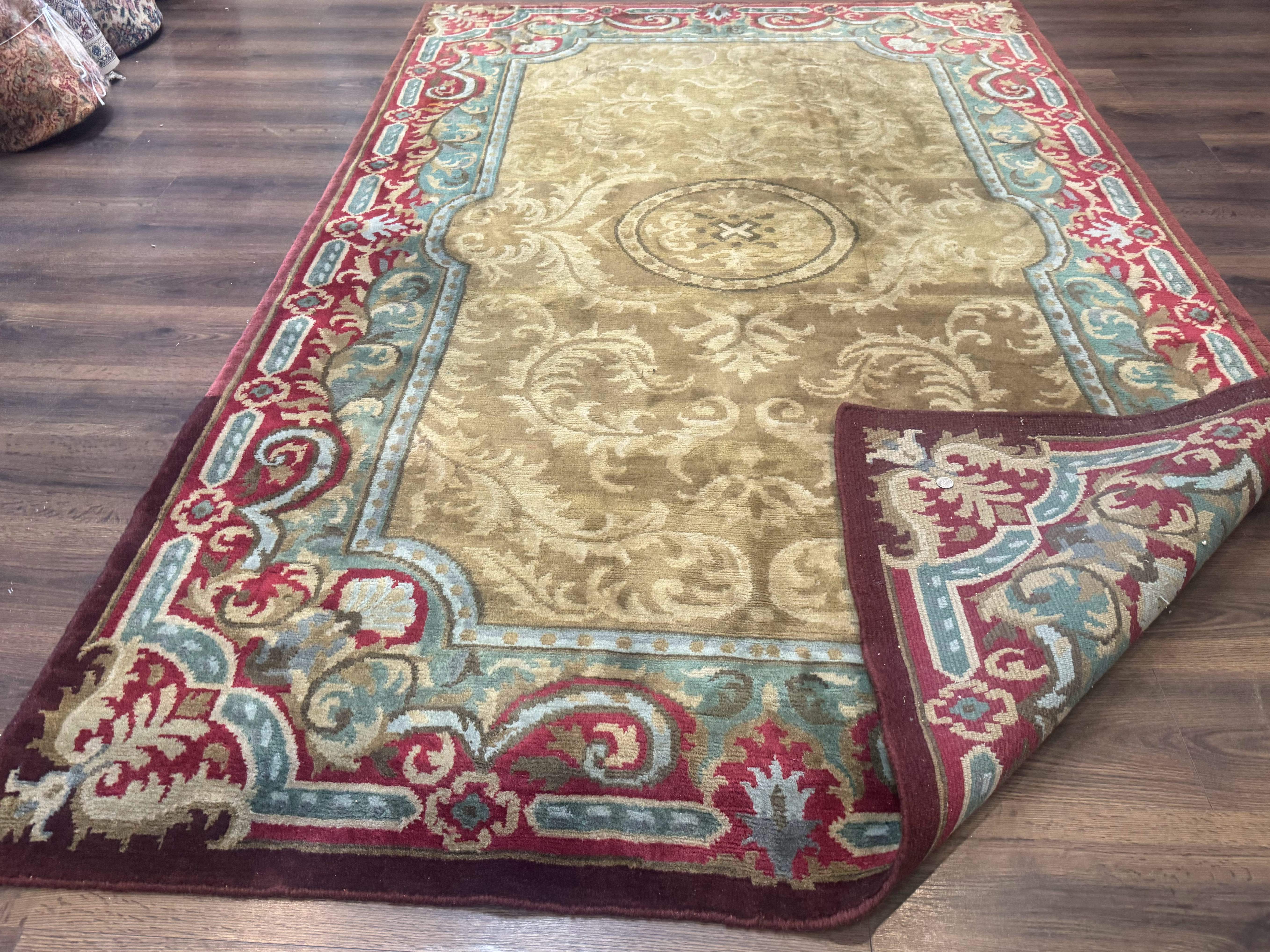 Tibetan Aubusson Rug 6x9, Gold-Beige, Soft Wool Pile, Handmade - Jewel Rugs