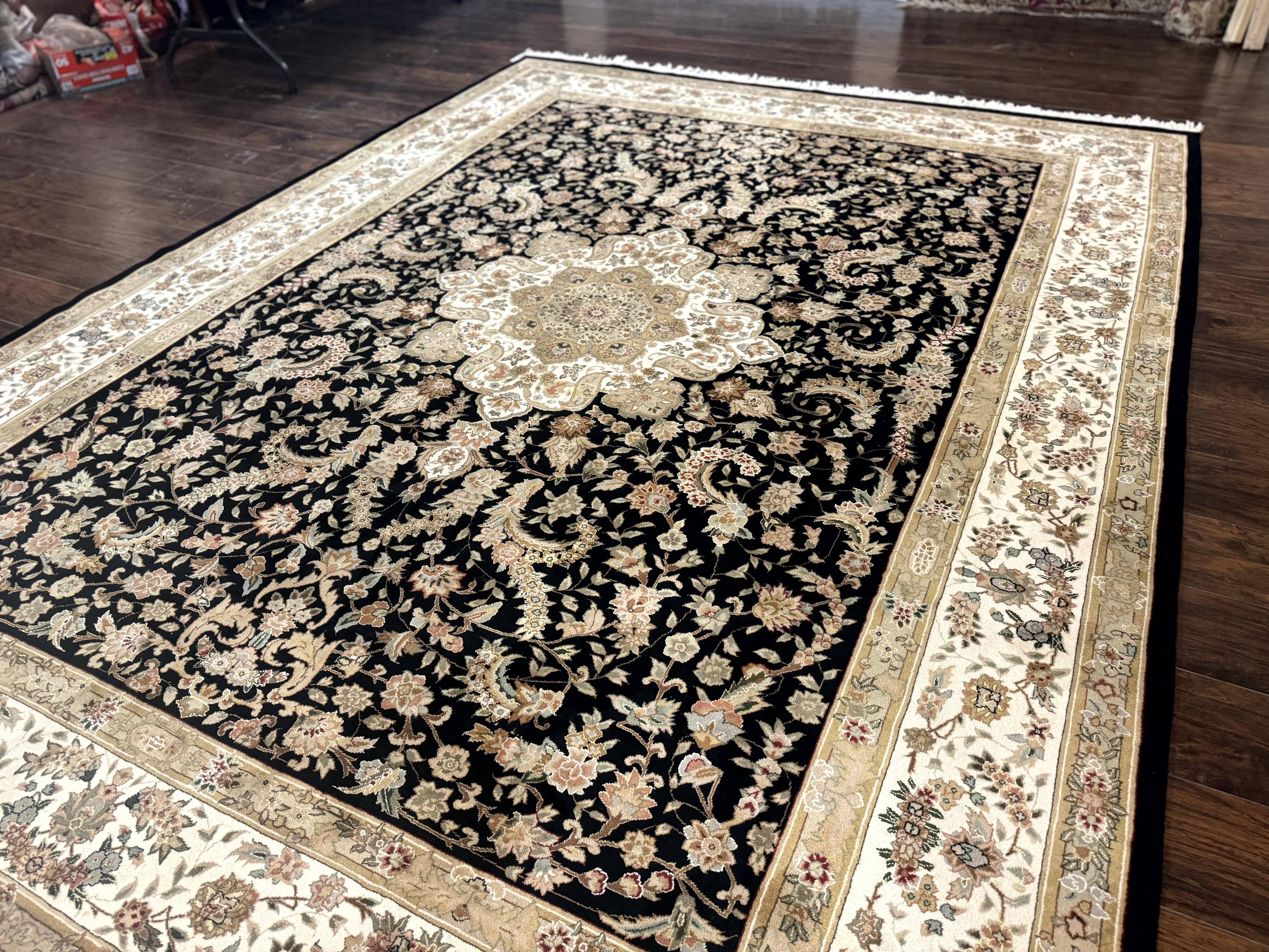 Sino Persian Rug 9x12, Floral Medallion, Black and Ivory, Elegant - Jewel Rugs