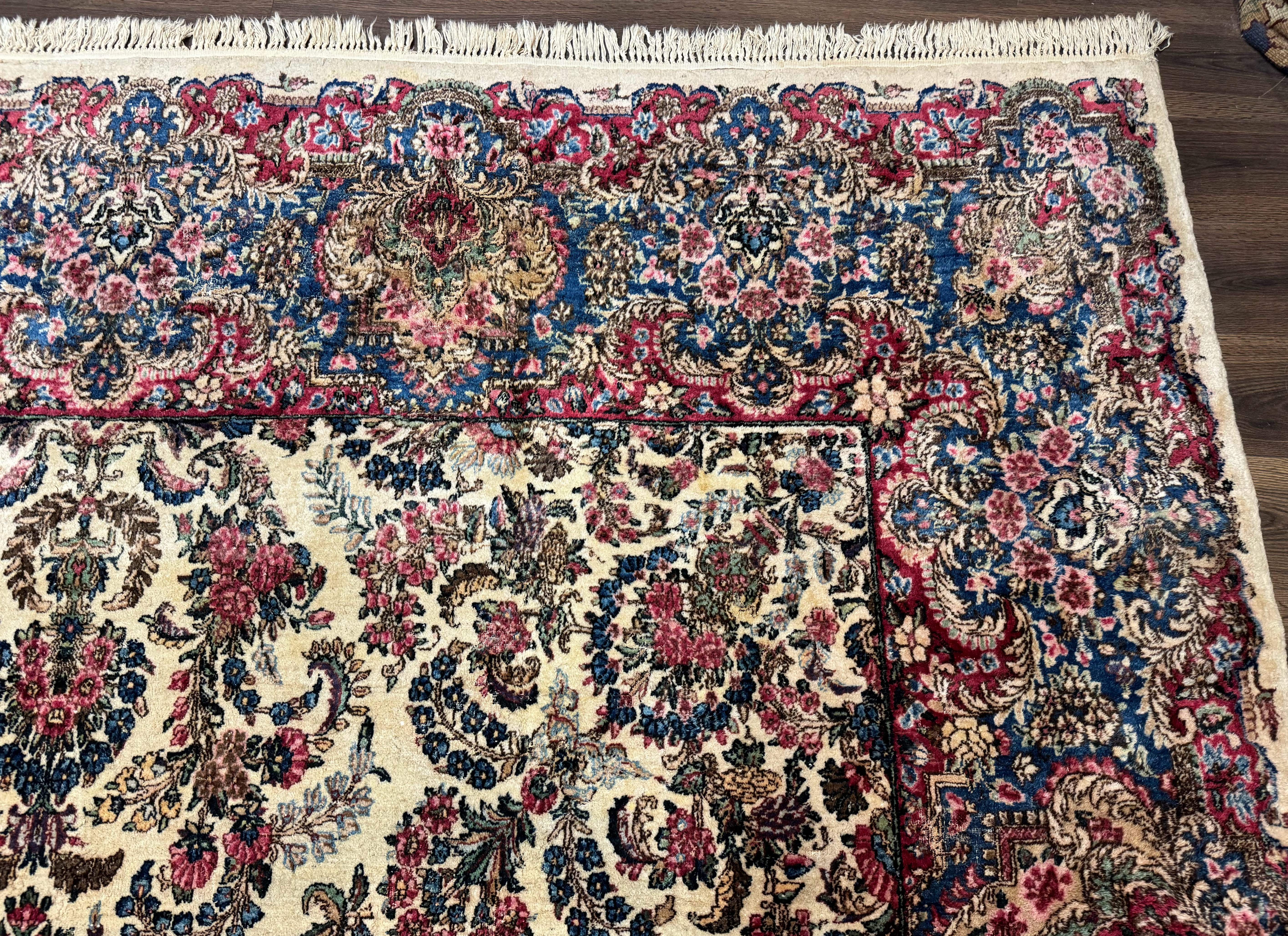 Palace Size Persian Kerman Rug 11x18, Ivory Blue Pink, Floral, Wool, Antique, 200 KPSI - Jewel Rugs
