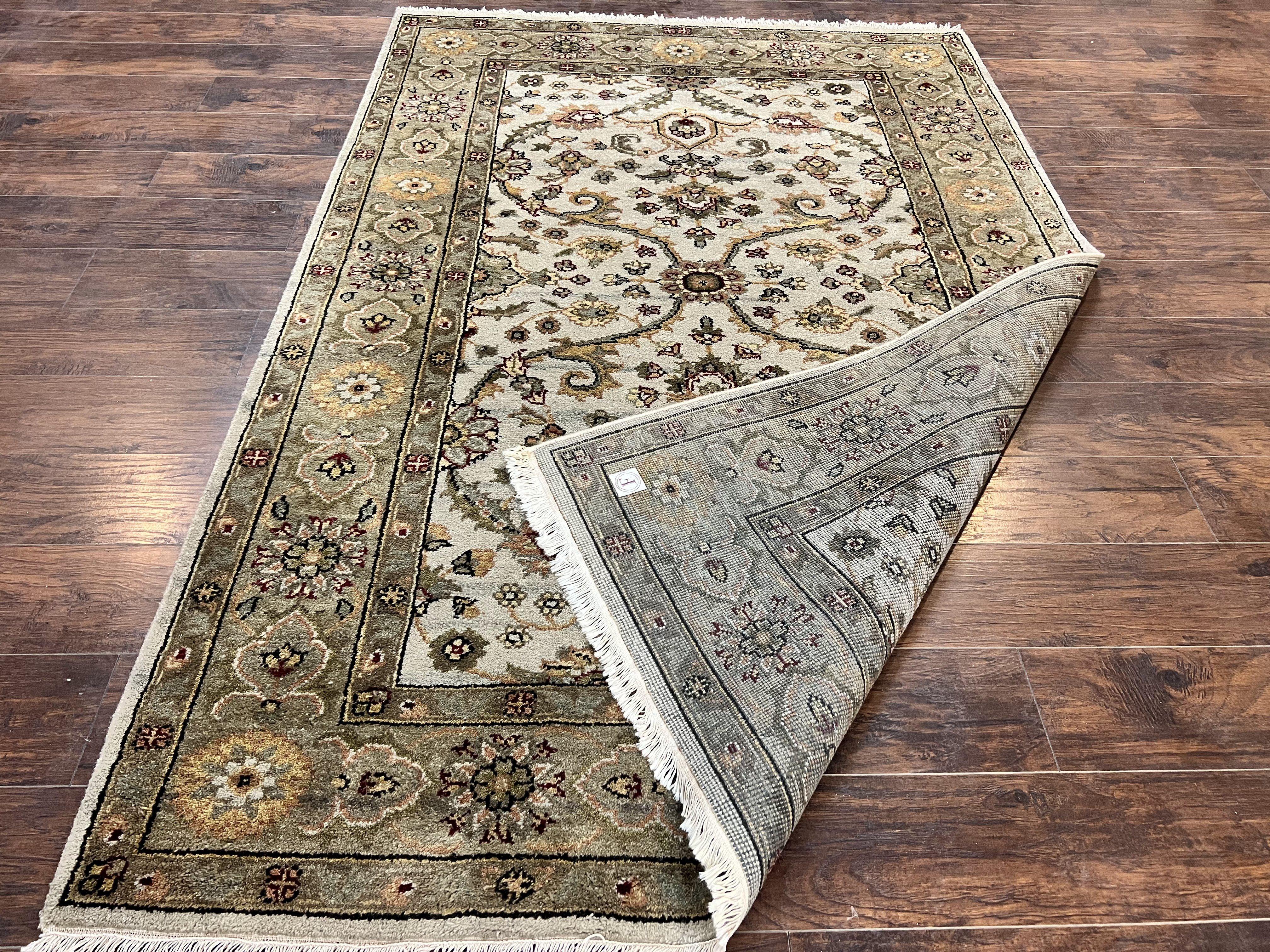 Indo Persian Rug 5.6 x 8, Wool Hand Knotted Vintage Carpet, Beige Indian Mahal Traditional Oriental Rug, Allover Floral, Tea Wash Rug - Jewel Rugs