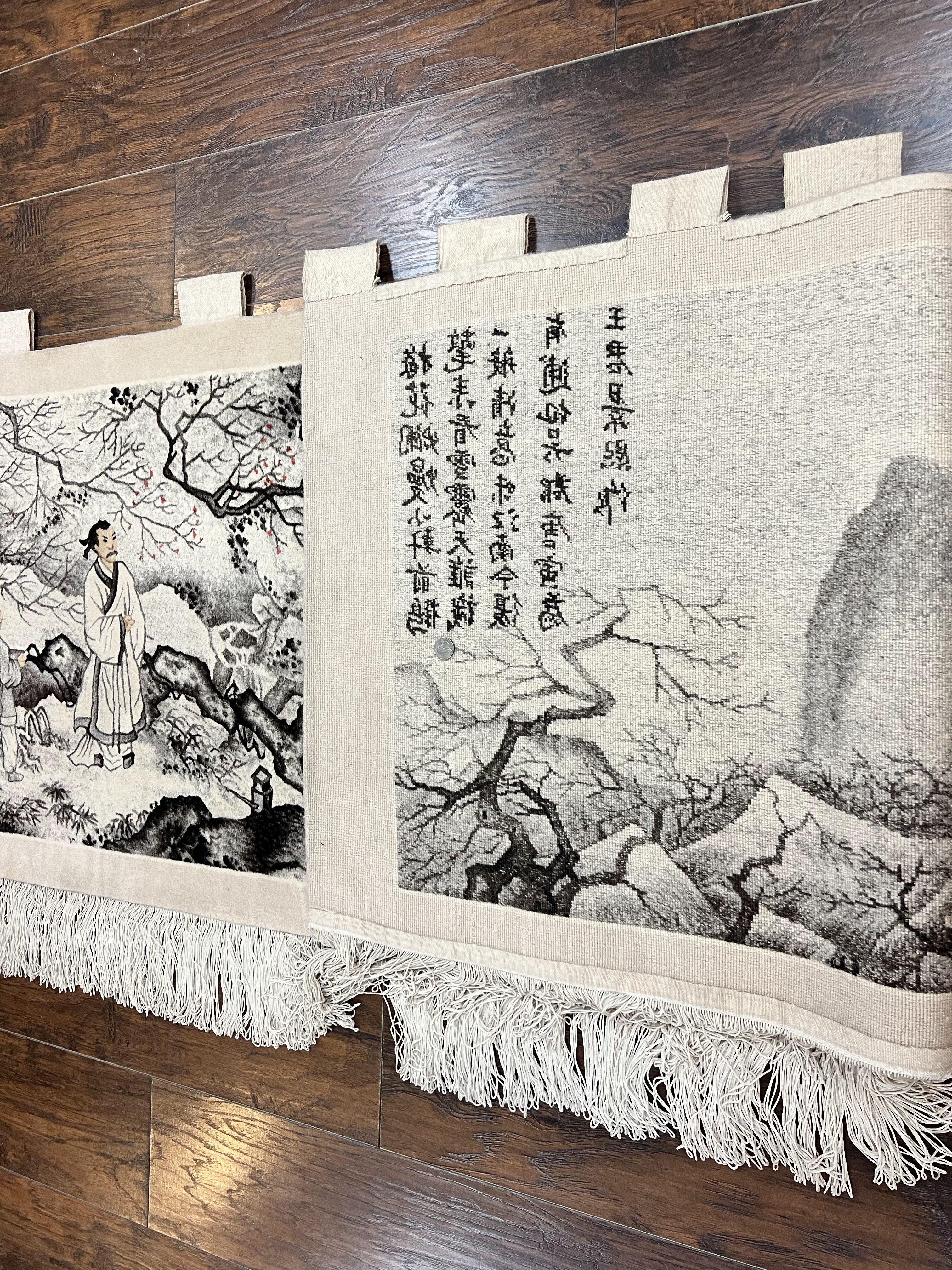 Chinese Wall Hanging Rug 8x3 ft, Samari Pictorial Scene, Hand-Knotted Handmade Vintage Asian Oriental Wall Hanging Tapestry Fine Rug - Jewel Rugs