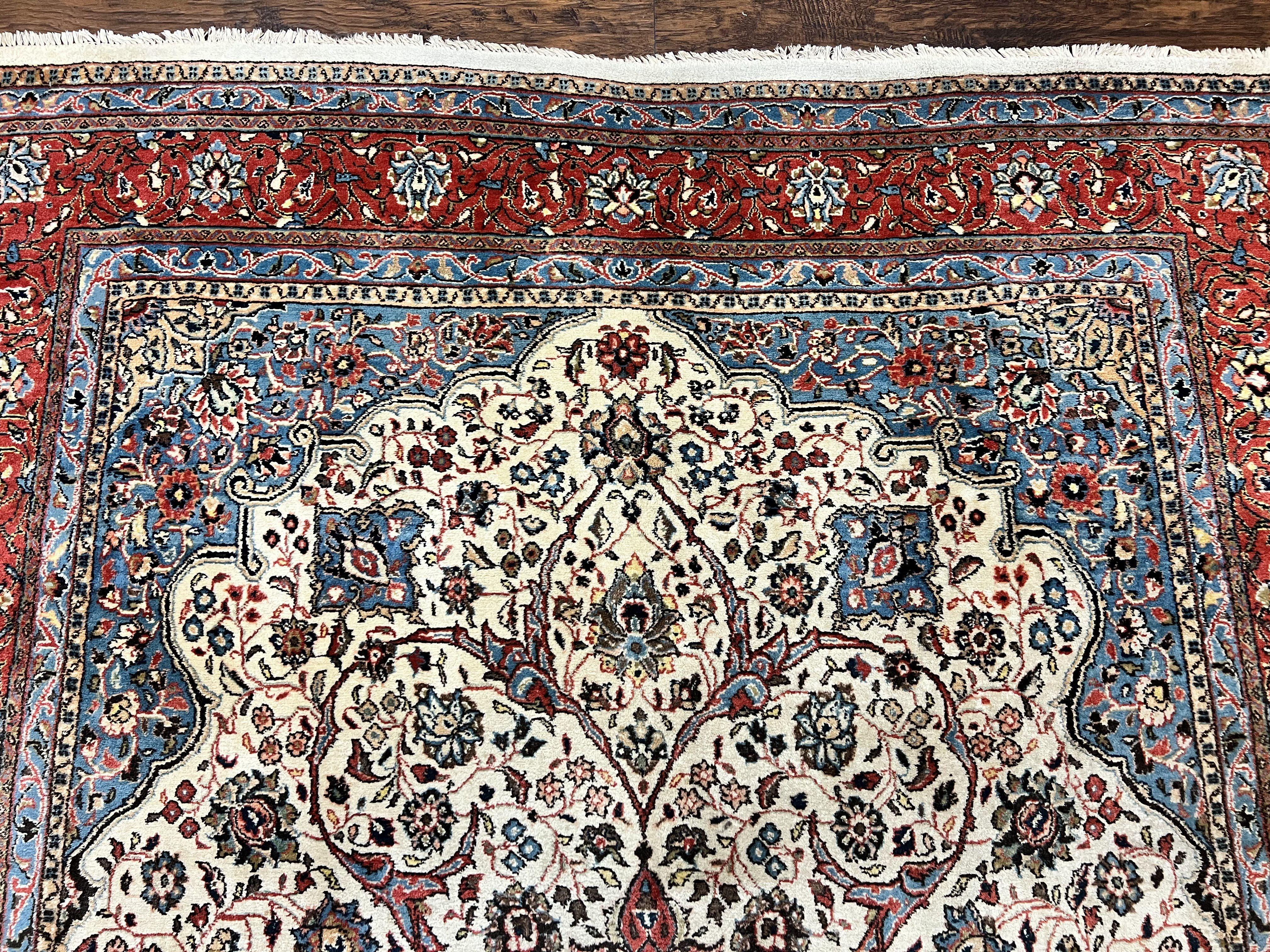 Persian Sarouk Rug 8x12, Wool Hand Knotted Antique Carpet, Floral Medallion, Cream Red, Traditional Oriental Rug - Jewel Rugs