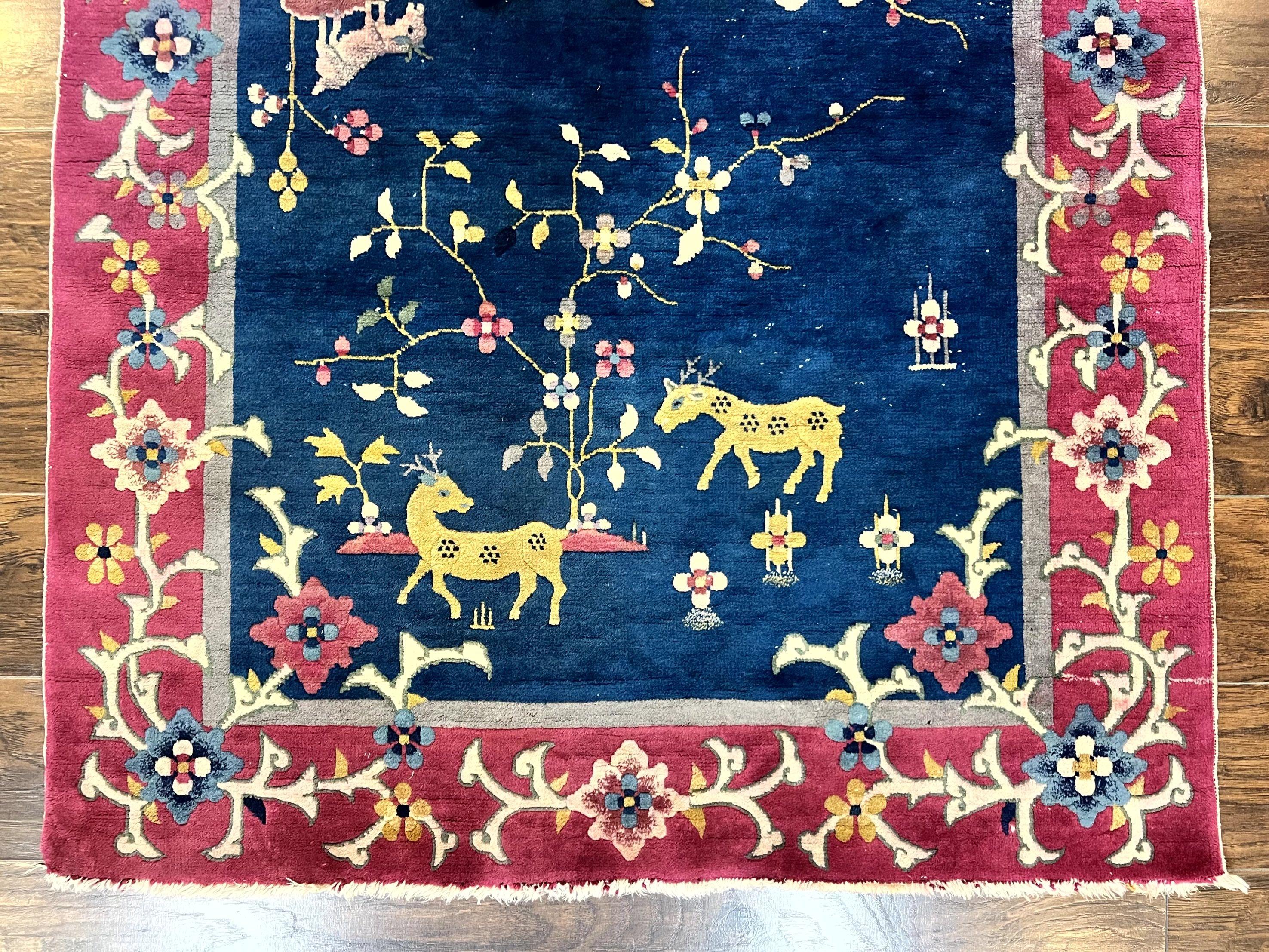 Antique Chinese Art Deco Rug, Animal Pictorials, Navy Blue and Magenta, Chinese Nichols Carpet, Wool - Jewel Rugs