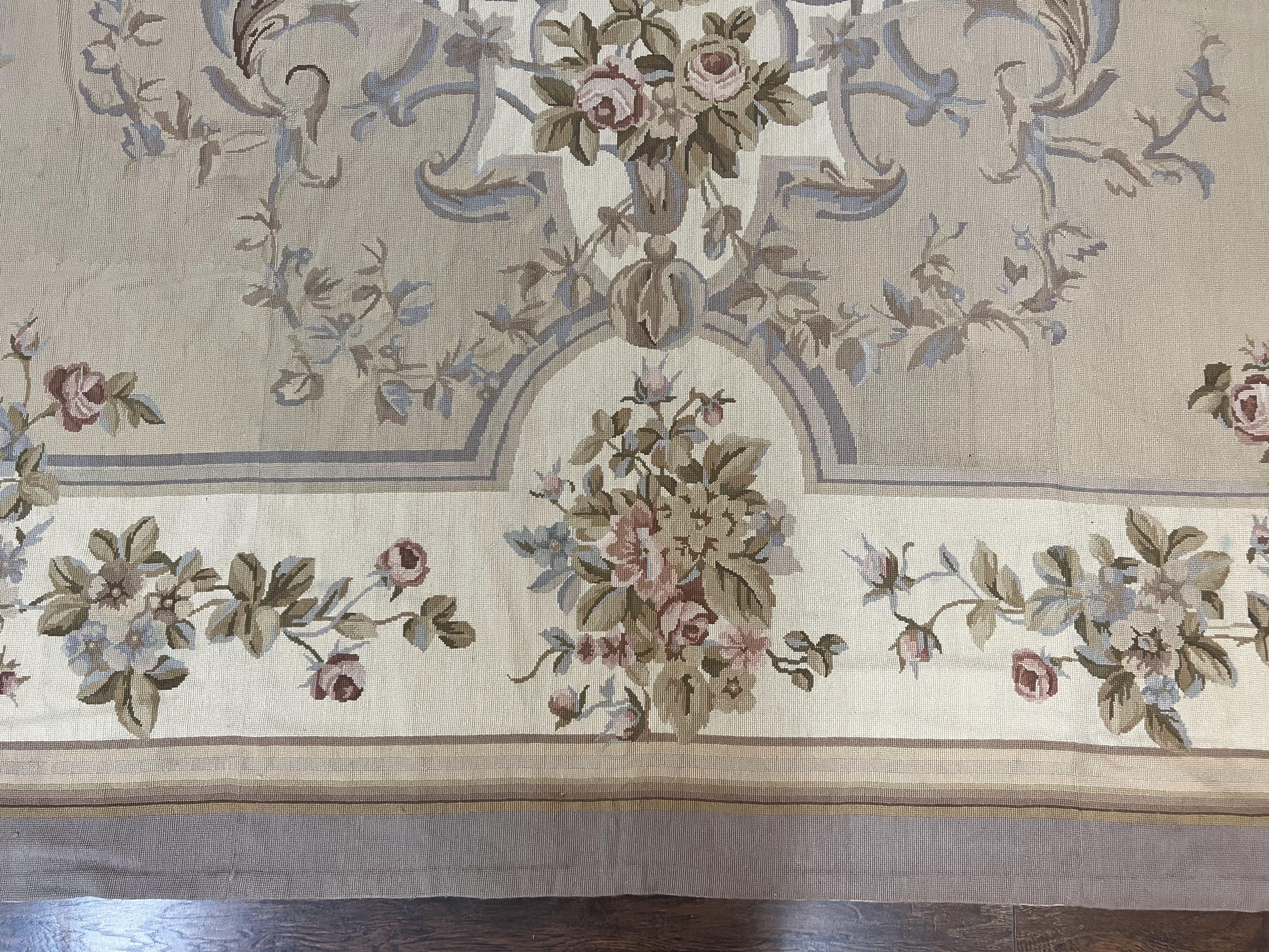 Aubusson Needlepoint Rug 9x12, VIntage Handmade Wool Beige Floral European Elegant Rug 9 x 12, Floral Roses - Jewel Rugs