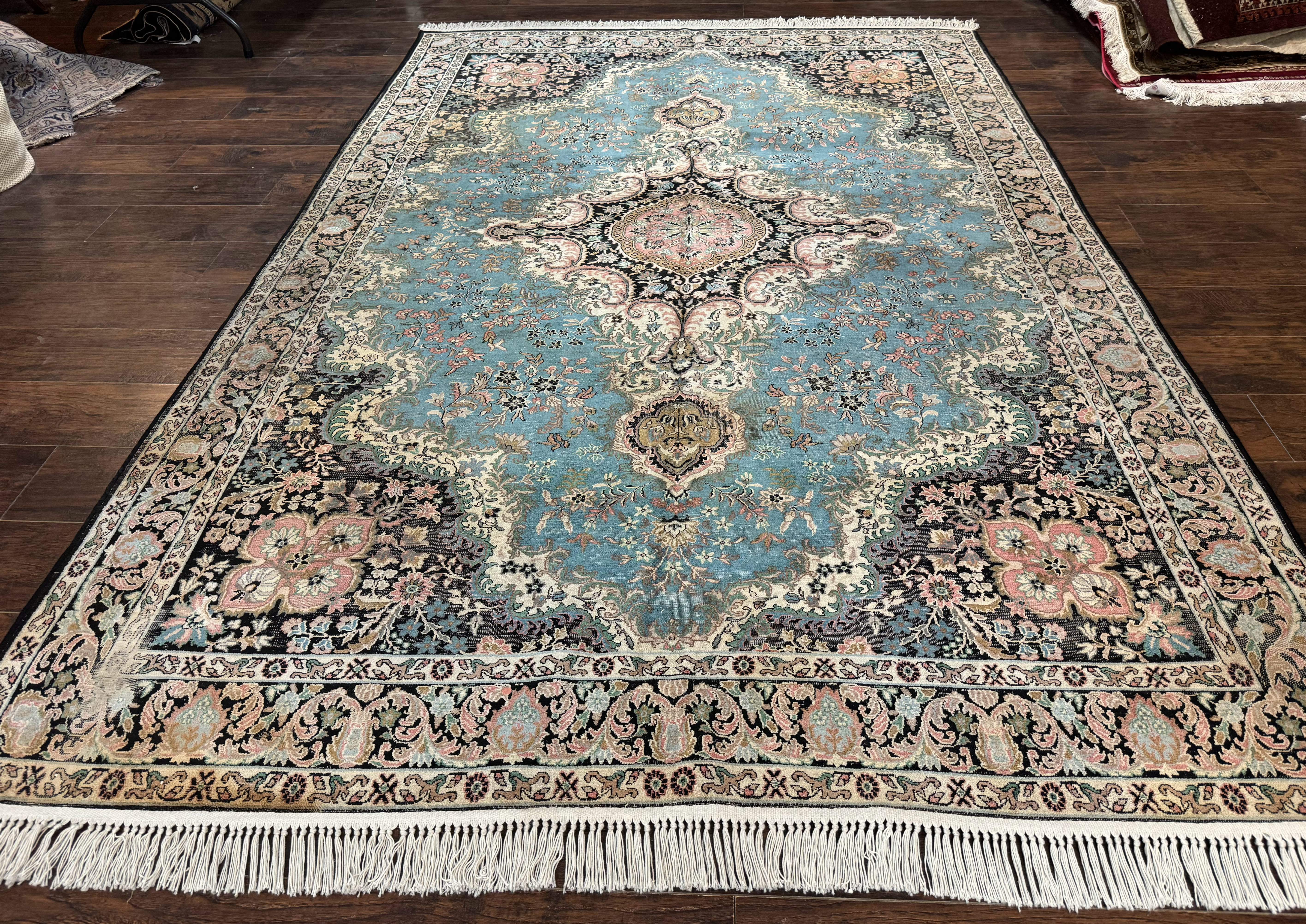 Silk Indian Kashmiri Rug 7x10 – Light Blue, Handmade Vintage Carpet, Low Pile - Jewel Rugs