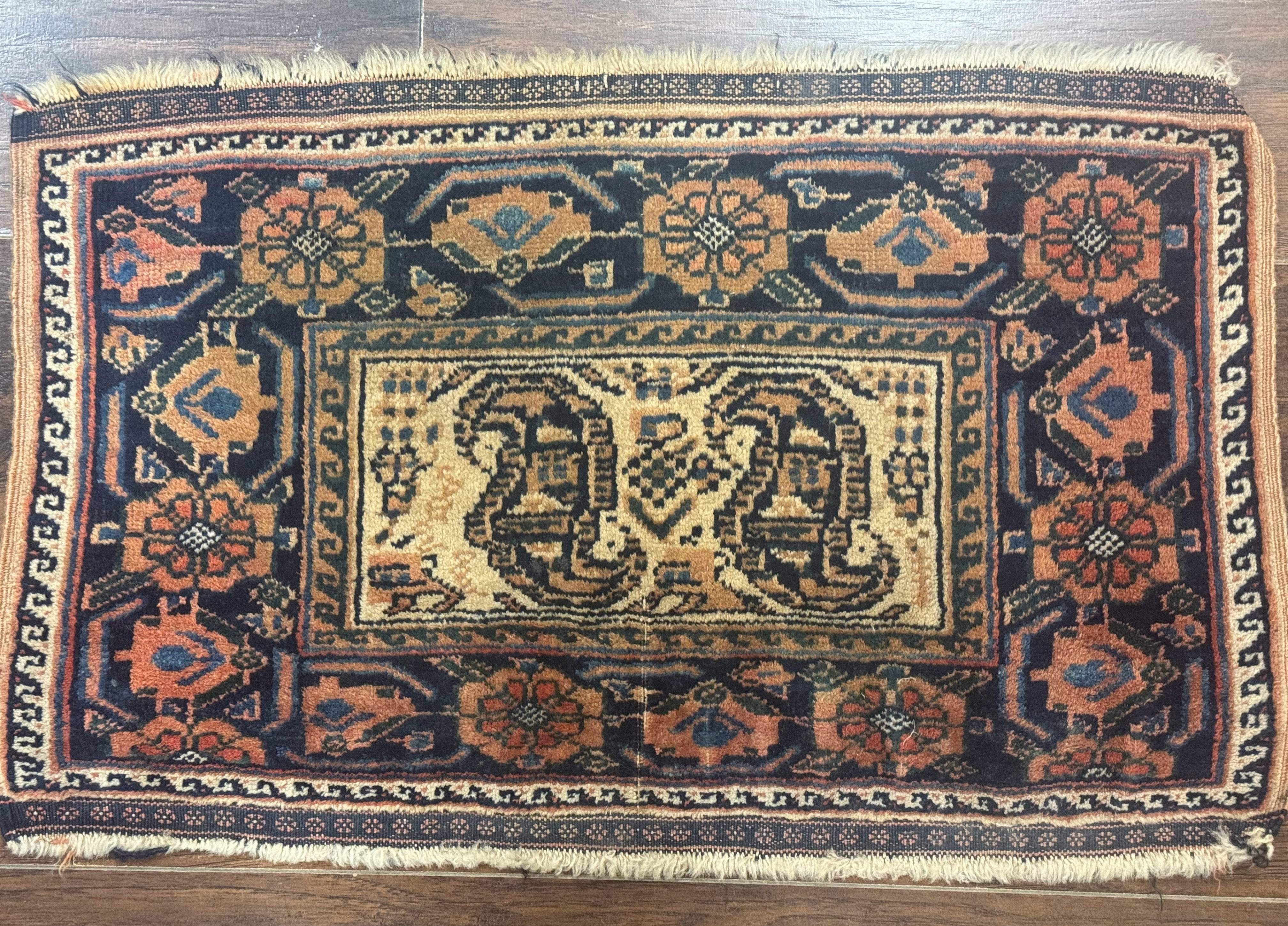 Small Persian Afshar Rug 2x3 – Oat and Navy, Hand-Knotted Wool Antique Accent Rug - Jewel Rugs