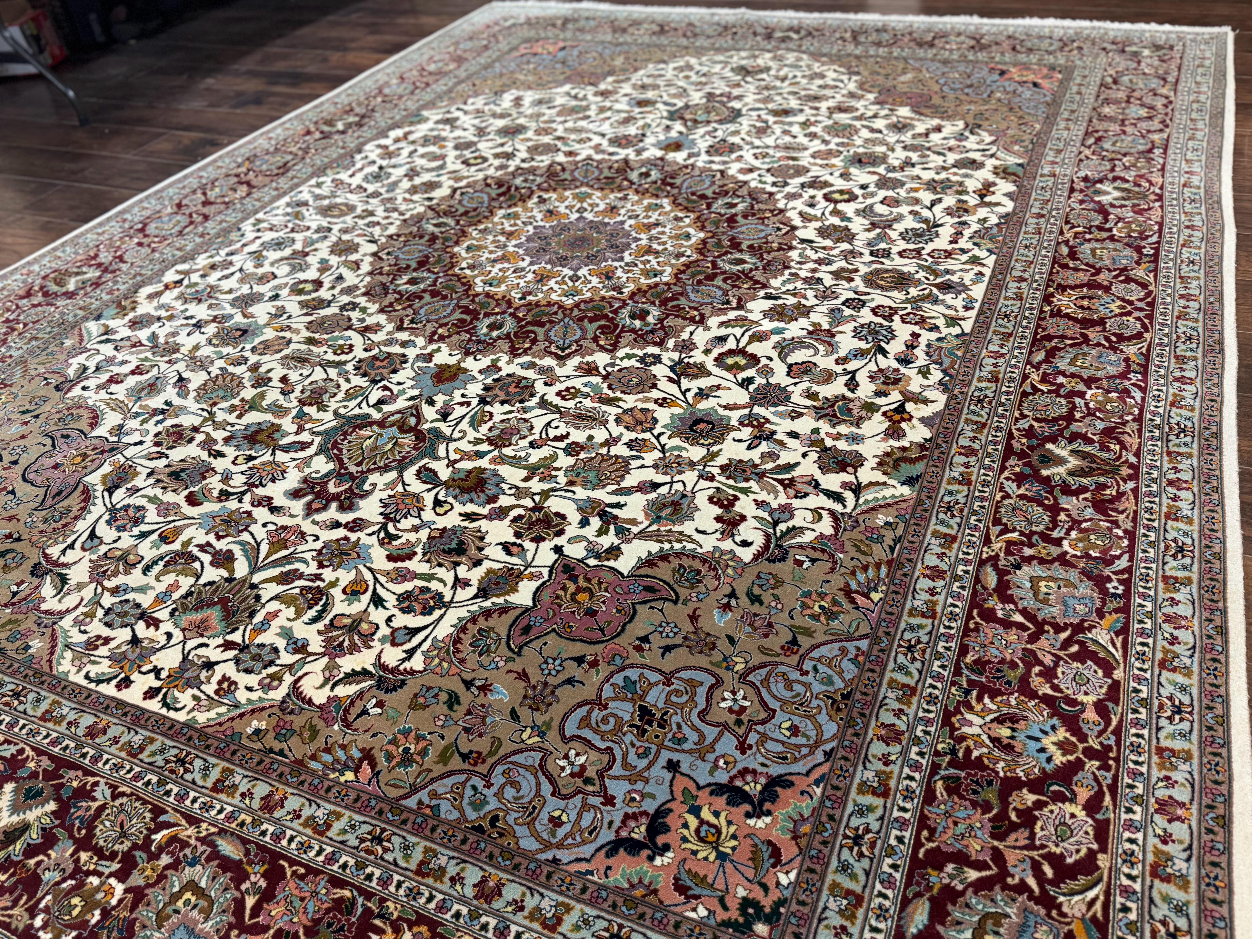Persian Tabriz Rug 8x11, Floral Medallion Traditional Area Rug, Fine 300 KPSI, Ivory Maroon - Jewel Rugs