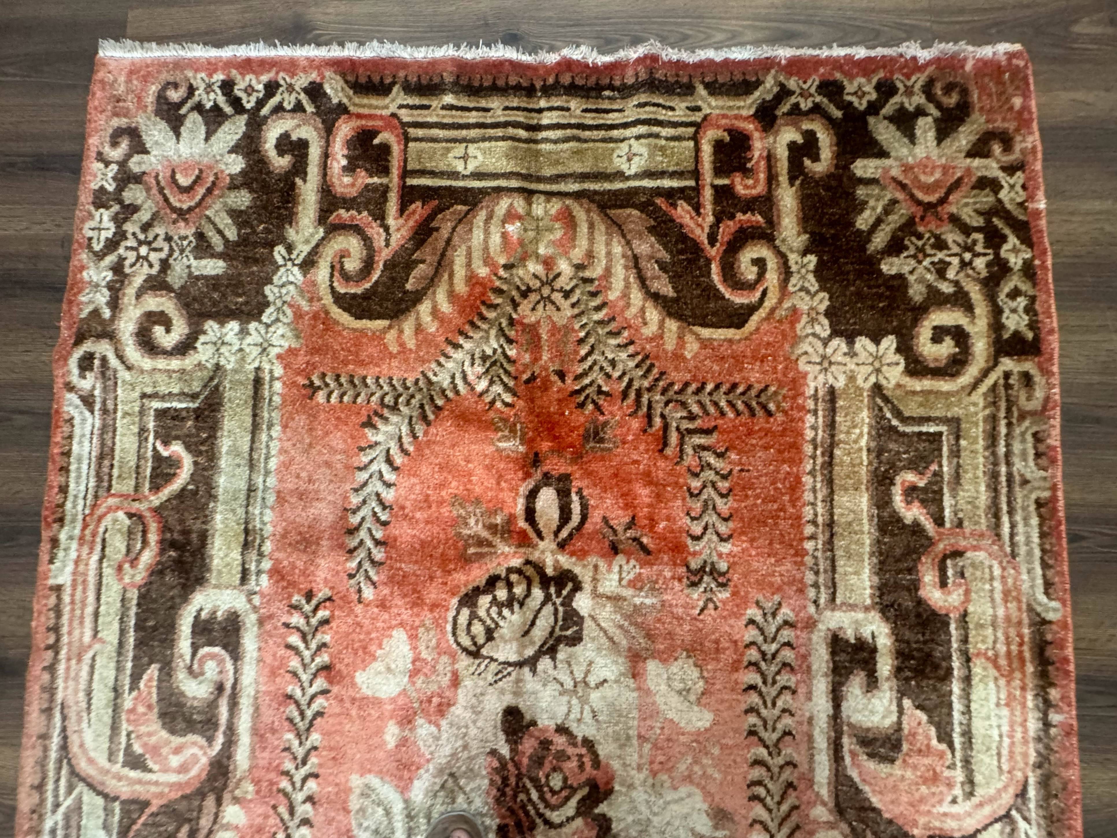 Khotan Rug 5x9, Terracotta and Brown, Floral, Chinese Wool Carpet, Antique Rug - Jewel Rugs