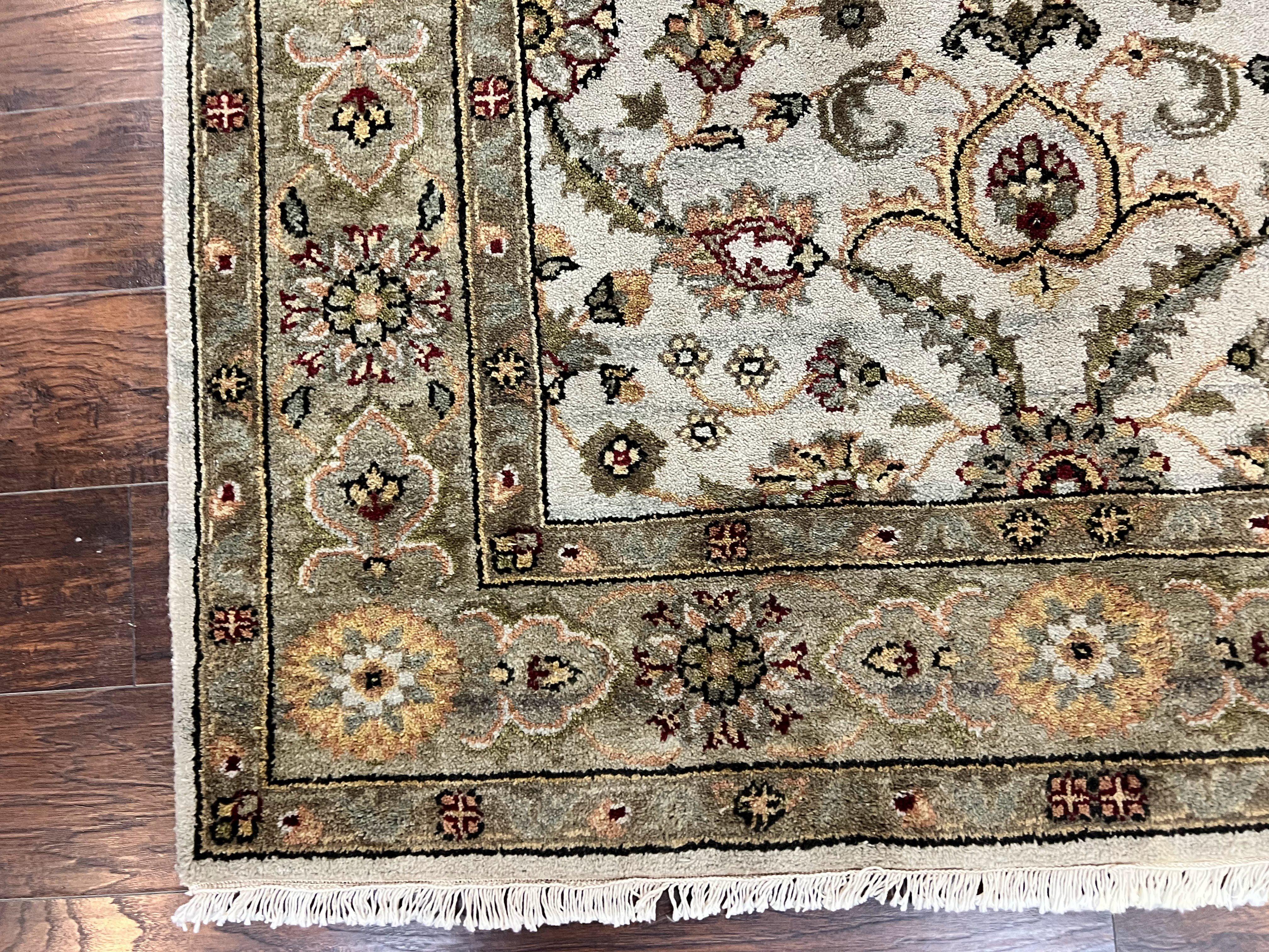 Indo Persian Rug 5.6 x 8, Wool Hand Knotted Vintage Carpet, Beige Indian Mahal Traditional Oriental Rug, Allover Floral, Tea Wash Rug - Jewel Rugs