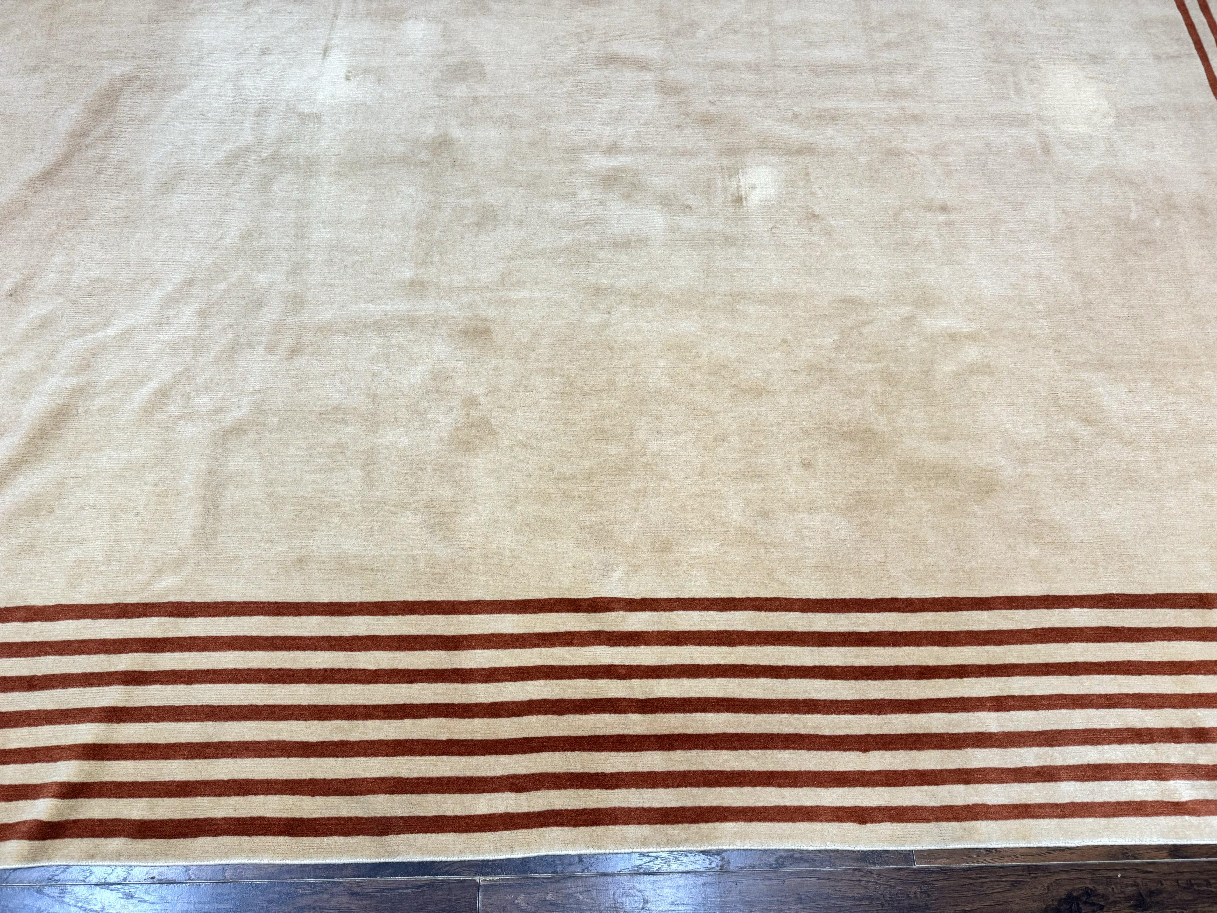 Modern Tibetan Rug 11 x 14.6, Wool and Silk, Simple Design, Handmade Large Area Rug, Cream - Jewel Rugs