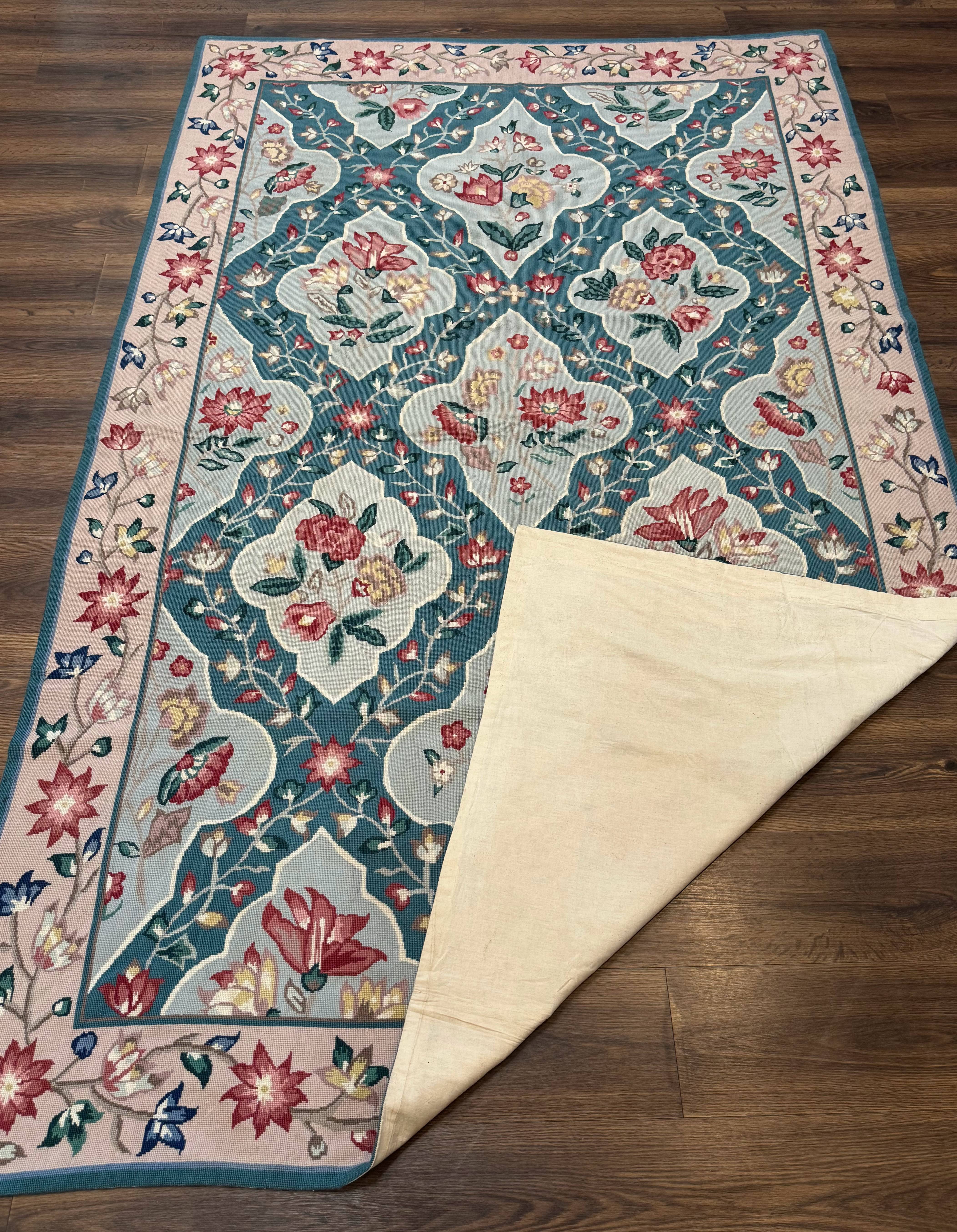 Teal Needlepoint Rug 6x9, Panel Design, Floral Bouquets, Handmade - Jewel Rugs