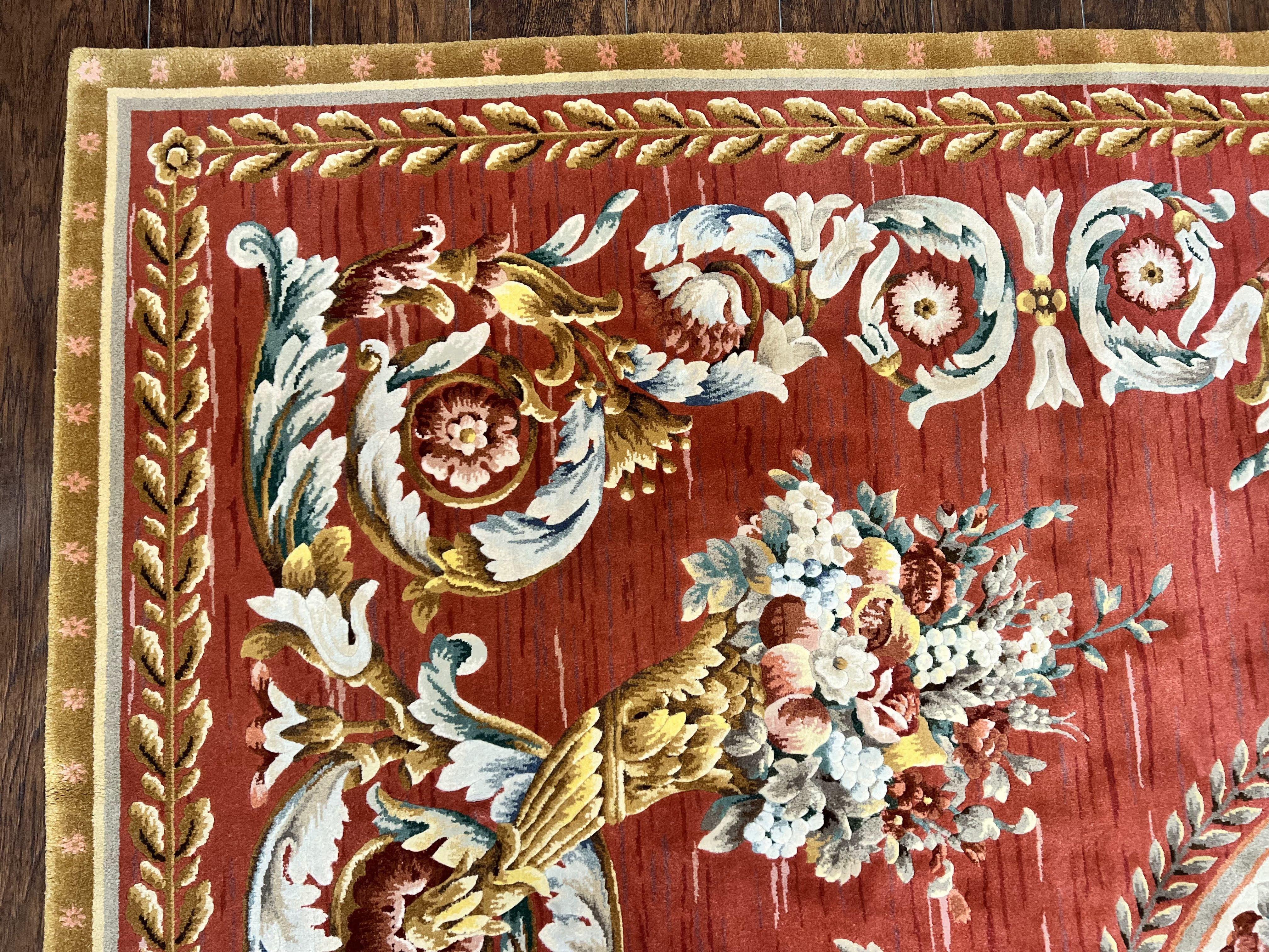 Aubusson Rug 10x12, Large Handmade Aubusson Wool Pile Vintage Stark Carpet 10 x 12, Savonnerie French European Design Floral Bouquets, Red - Jewel Rugs