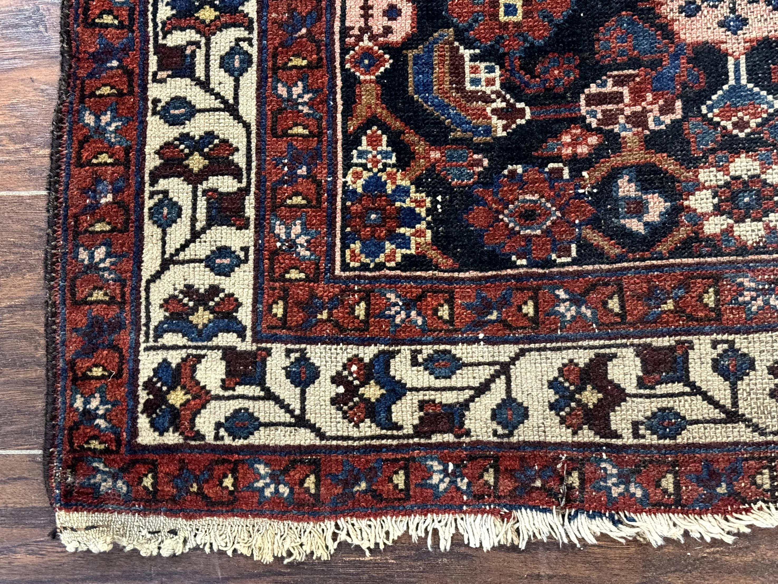 Navy Blue Antique Persian Rug 3x6, Blue and Ivory Persian Carpet, Handmade 1920s Hamadan Rug - Jewel Rugs