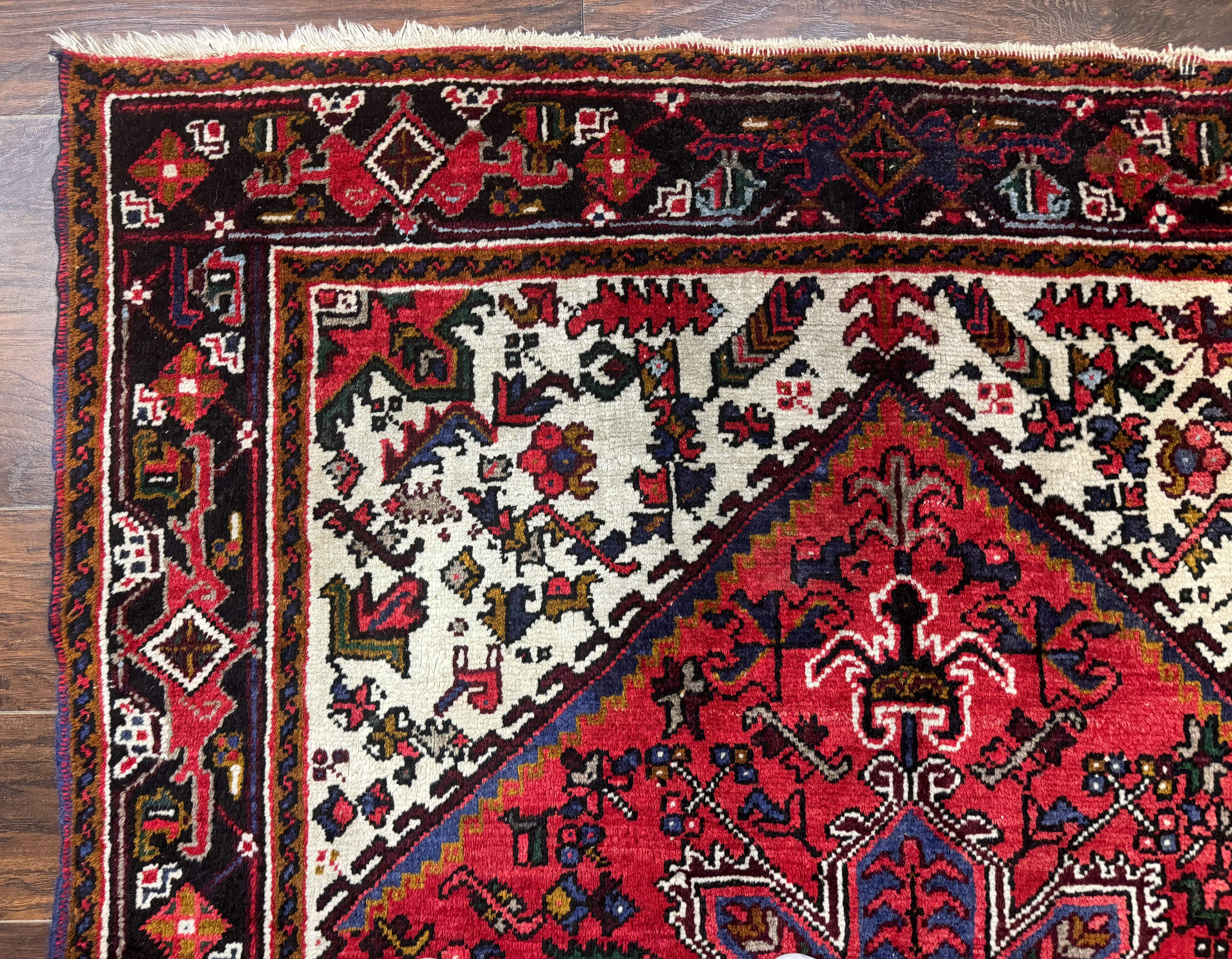 Persian Heriz Rug 5x6 – Red and Ivory, Hand-Knotted Wool, Vintage Geometric Carpet - Jewel Rugs
